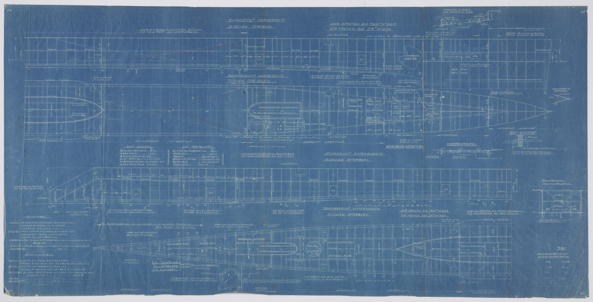 S.2175(3831); Bovenbouw beplating van de onderzeeboot  Hr.Ms. 'K II'.; technische tekening