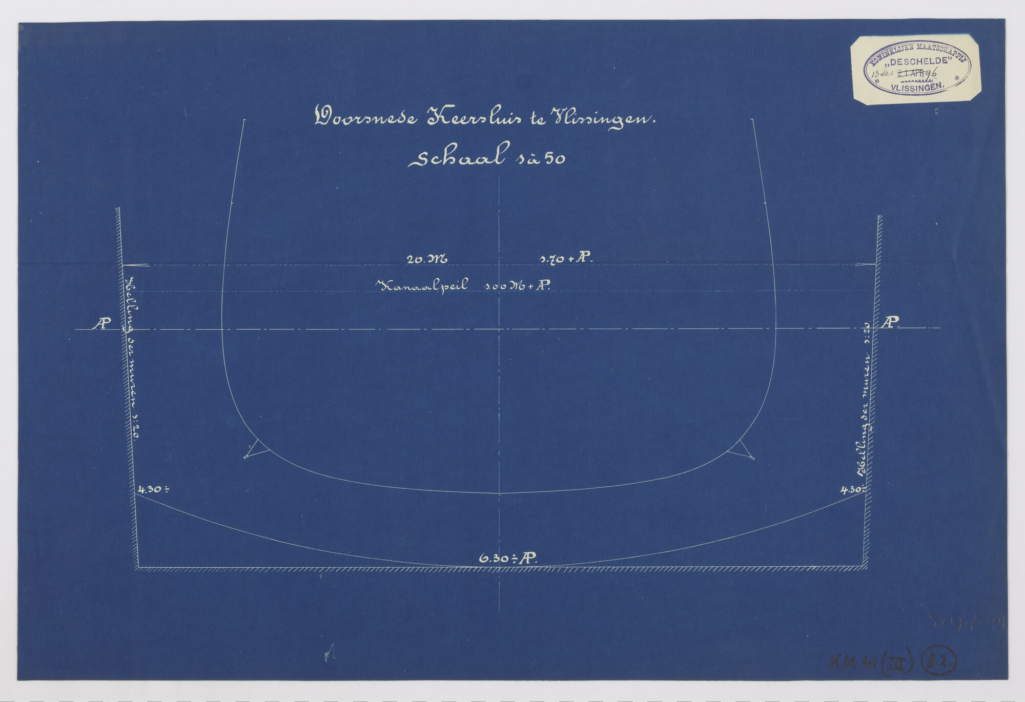 S.2175(5322); Dwarsdoorsnede van de Keersluis te Vlissingen met grootspant van vermoedelijk Hr.Ms. ''Zeeland'; technische tekening