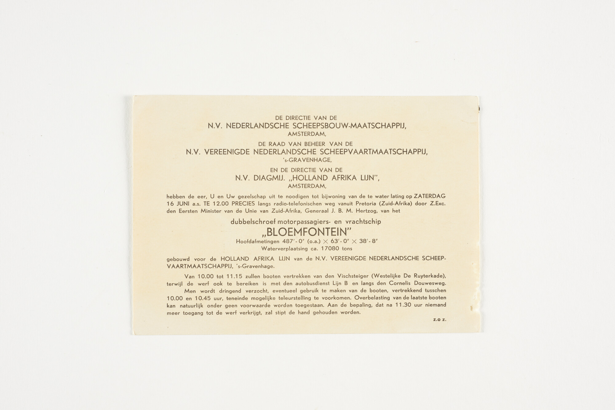 2012.1033-2; Uitnodiging, inlegvel, voor het bijwonen van de doop van ms. Bloemfontein; uitnodiging