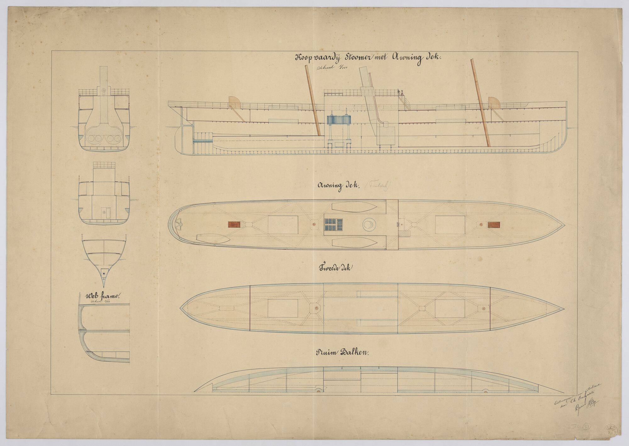 S.2188(05); Lijnentekening, langs- en dwarsdoorsneden, dekaanzichten van een [...]; technische tekening