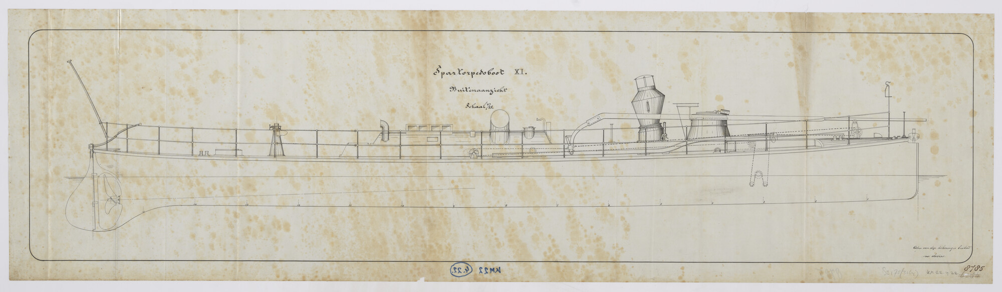 S.2175(3164); Buitenaanzicht over stuurboord van spartorpedoboot Zr.Ms. 'XI'; technische tekening