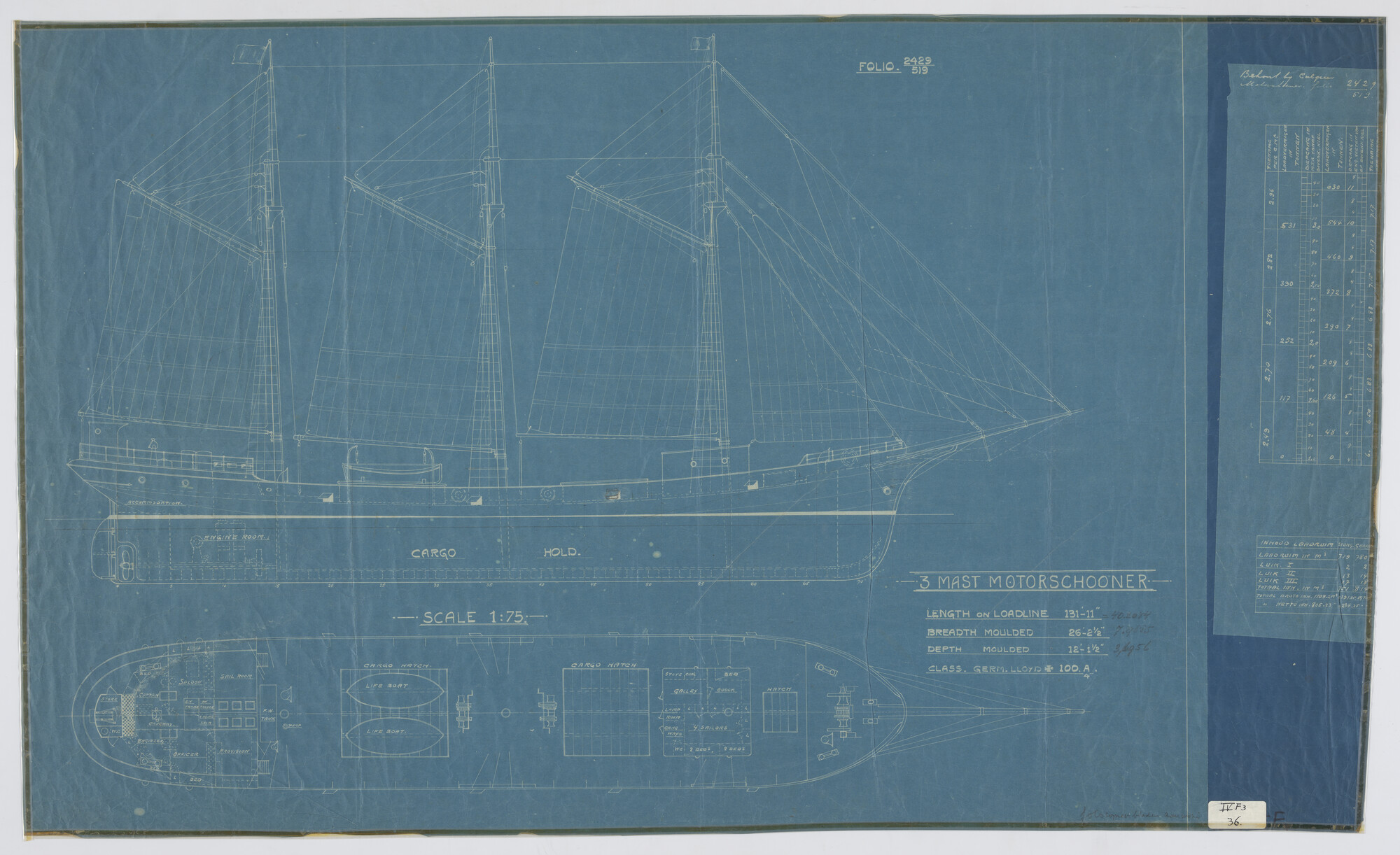 S.2112(04); Zijaanzicht, tuigtekening, inwendige verdeling, dekaanzicht van een driemast motorschoener; technische tekening