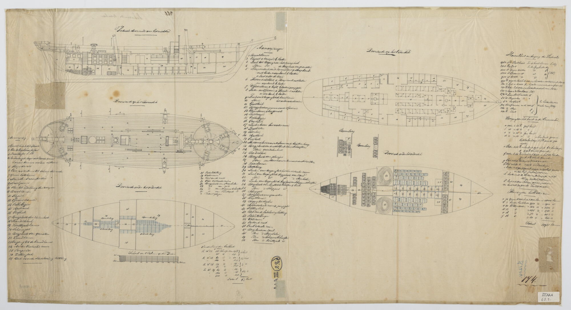 S.1214(0226); Dekkenplan van de schoenerbrik Zr.Ms. 'Banka'; technische tekening
