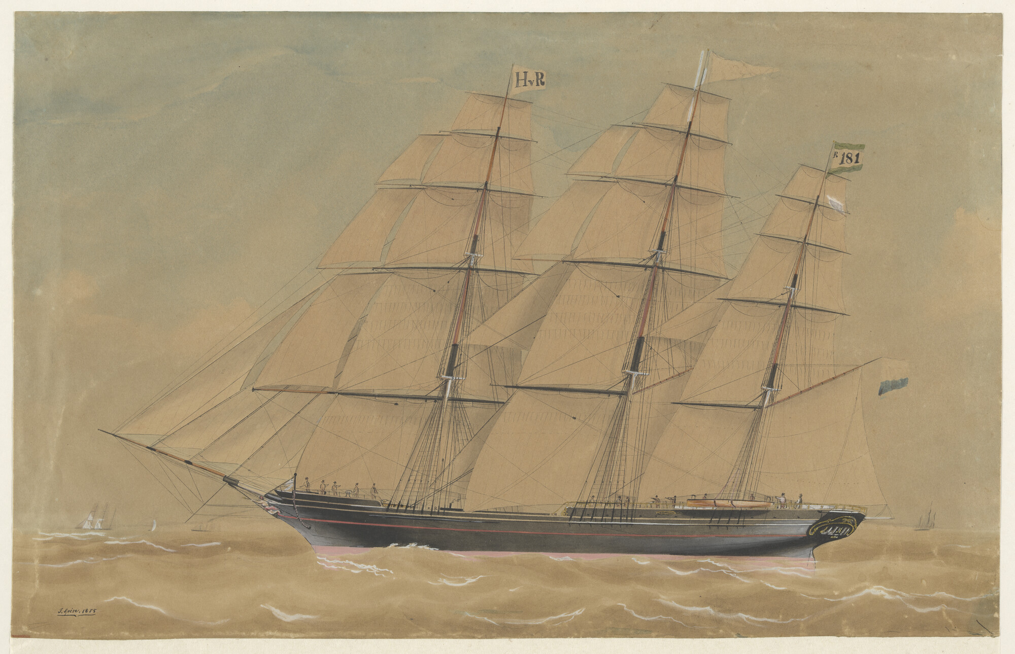S.1931(03); Het klipperfregatschip Ternate onder zeil; tekening