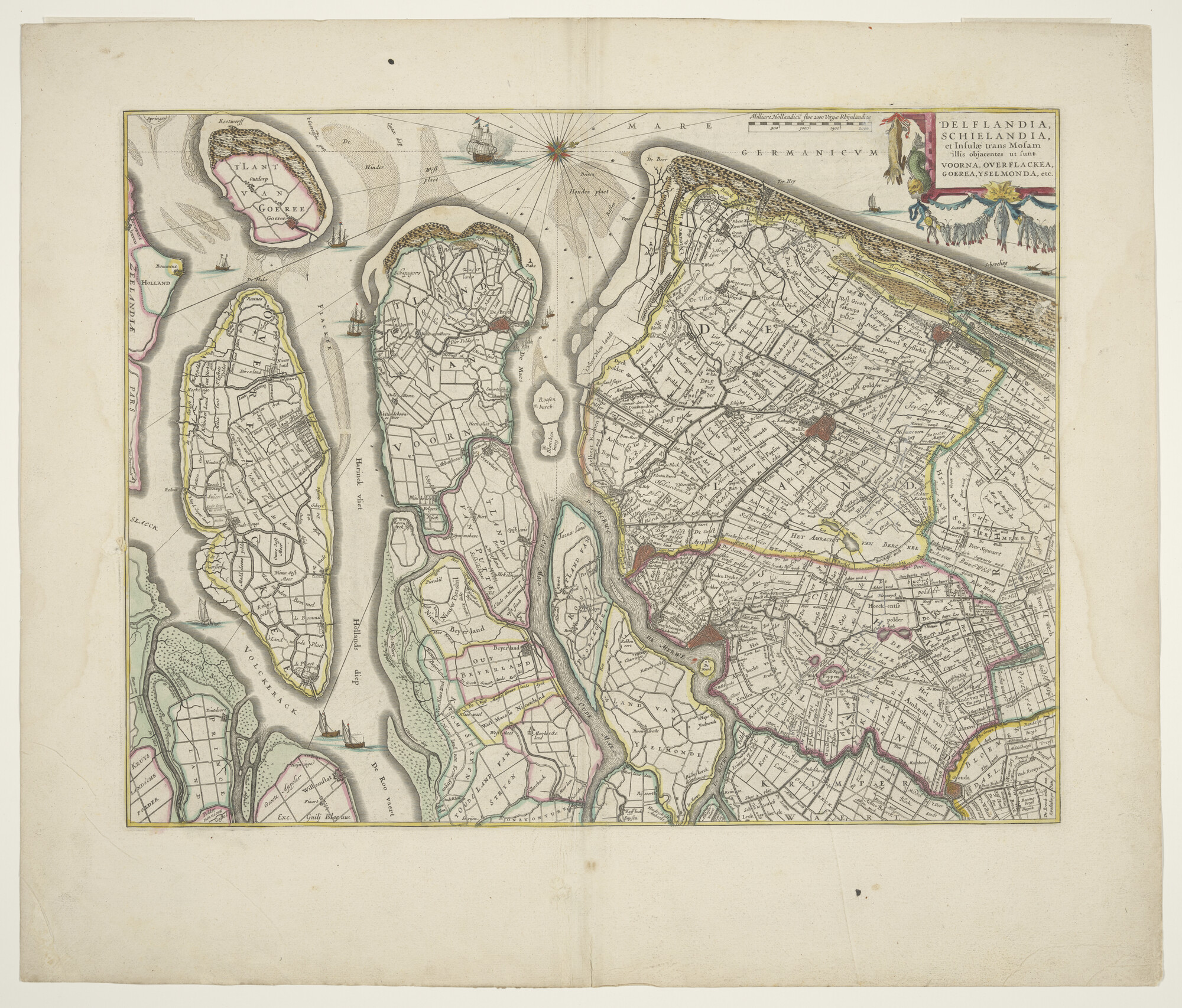 A.3845(01)008; Met de hand gekleurde kaart van Delftland; landkaart