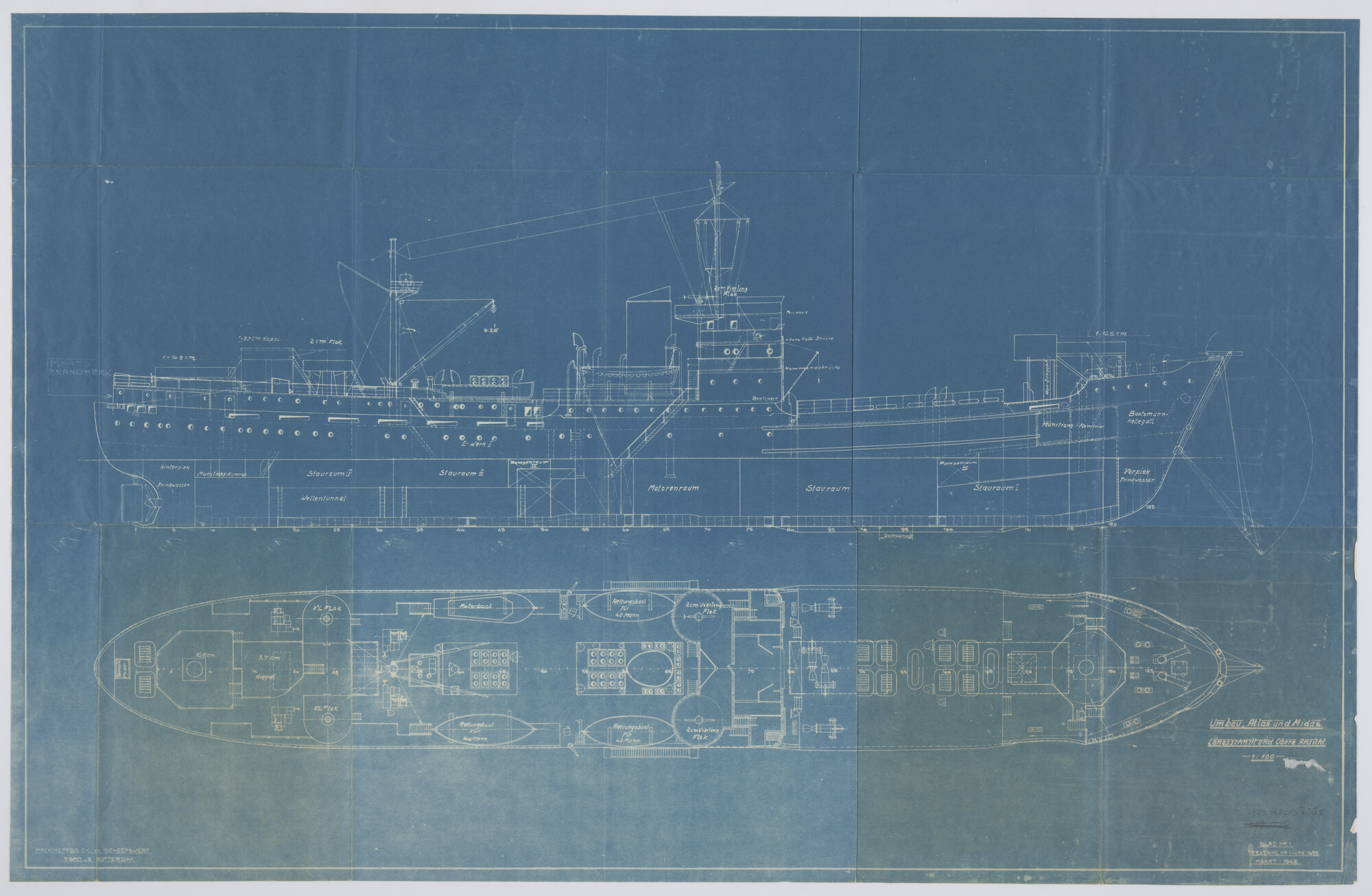 1989.0382; Algemeen plan van ms. 'Atlas' en ms. 'Midas', 1942; technische tekening