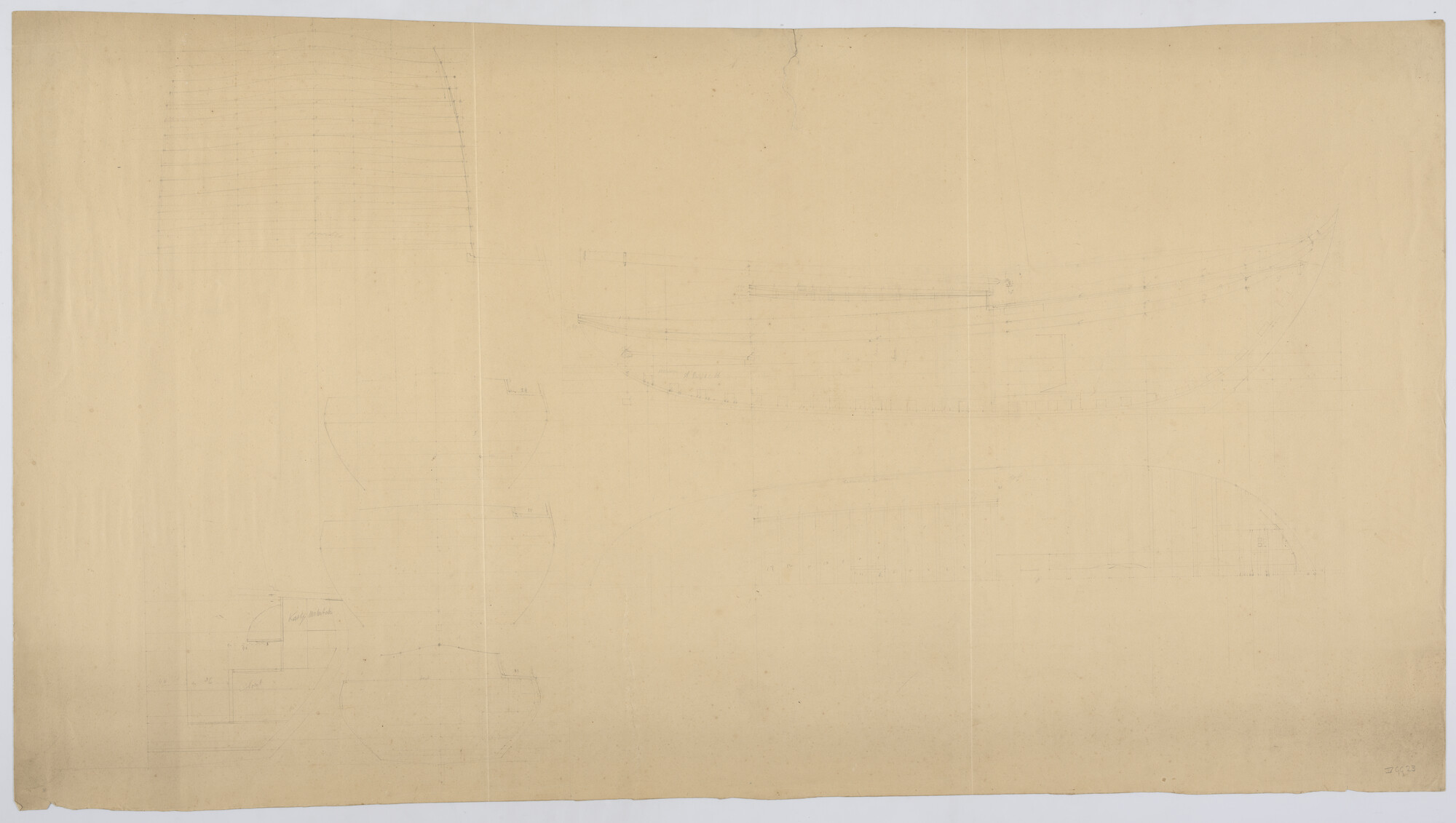 S.1300(01)087; Lijnenplan en details roef botterjacht Watergeus 1896 - 1911; technische tekening