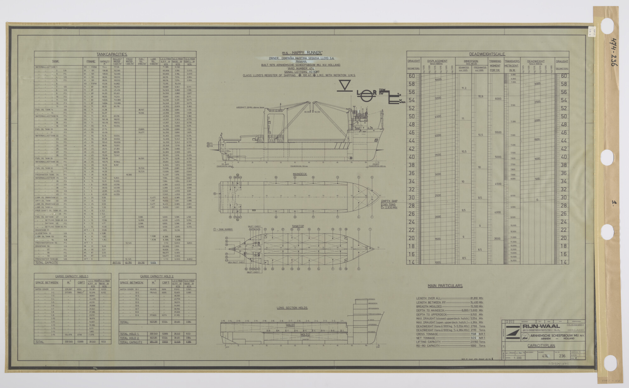 S.5219(04)1841a; Capaciteitsplan zwaarladingschip ms. 'Happy Runner', bouwjaar 1976; technische tekening