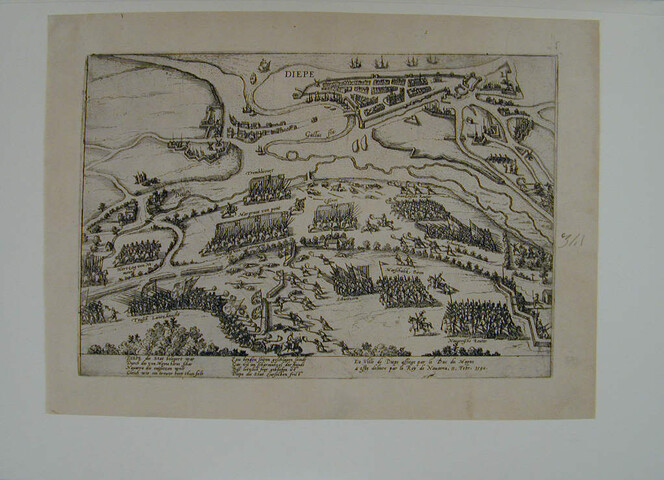 A.0145(027)058; Dieppe, bevrijd door Hendrik IV in 1590; prent