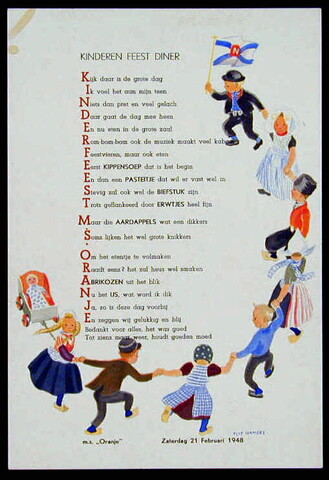 1994.4560; Menukaart voor een 'Kinderen Feest Diner' aan boord van ms. 'Oranje', zaterdag 21 februari 1948; menukaart