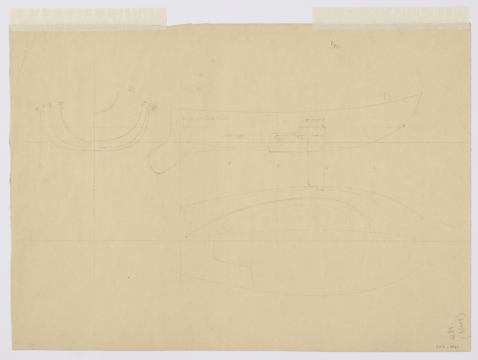 2012.0543; Lijnenplan van een sloep van 3.30 meter in recto. Ankermachine met details in verso; technische tekening