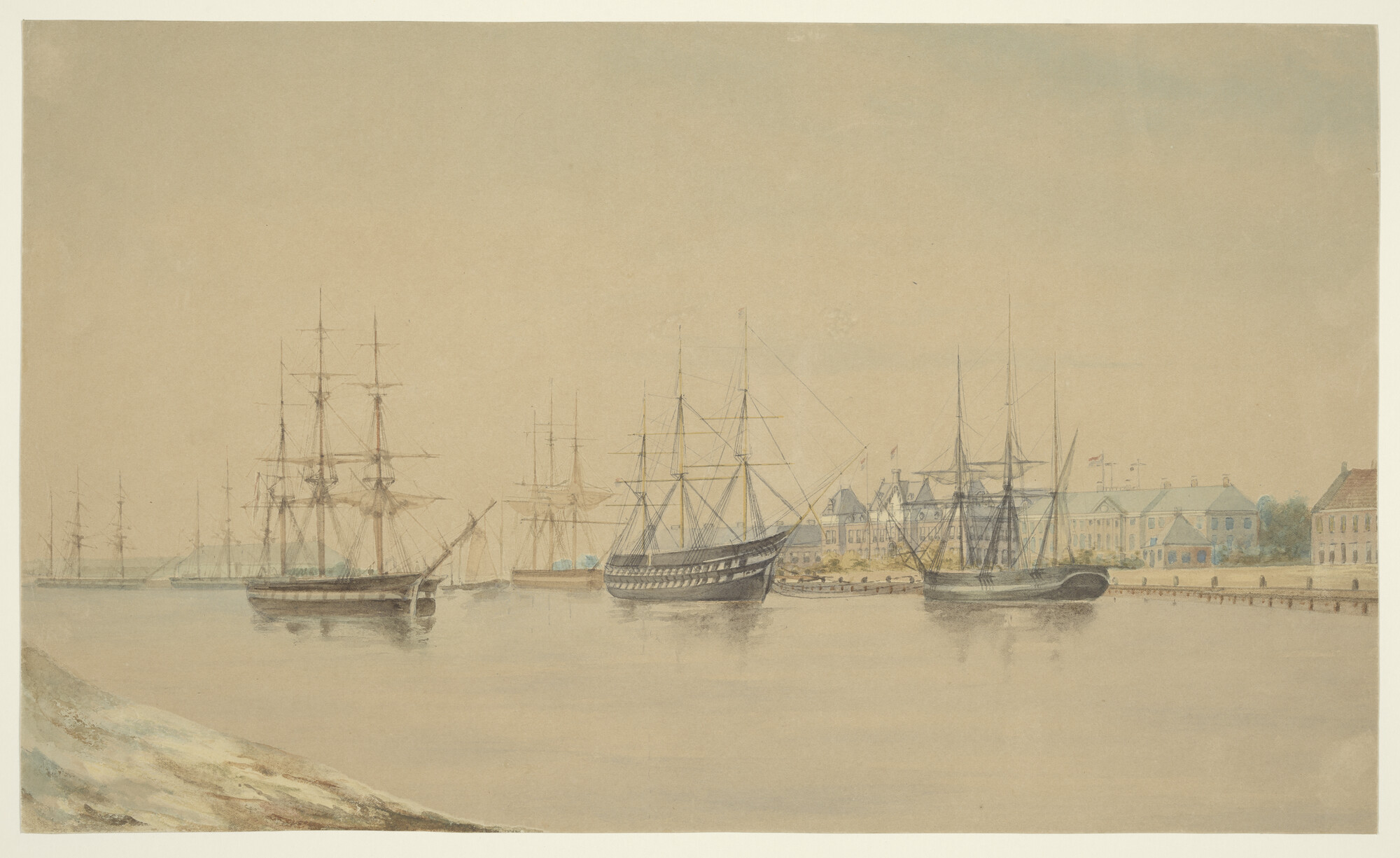 S.3233(01); Het wachtschip Zr.Ms. 'Kortenaer' in de haven van Nieuwediep; tekening