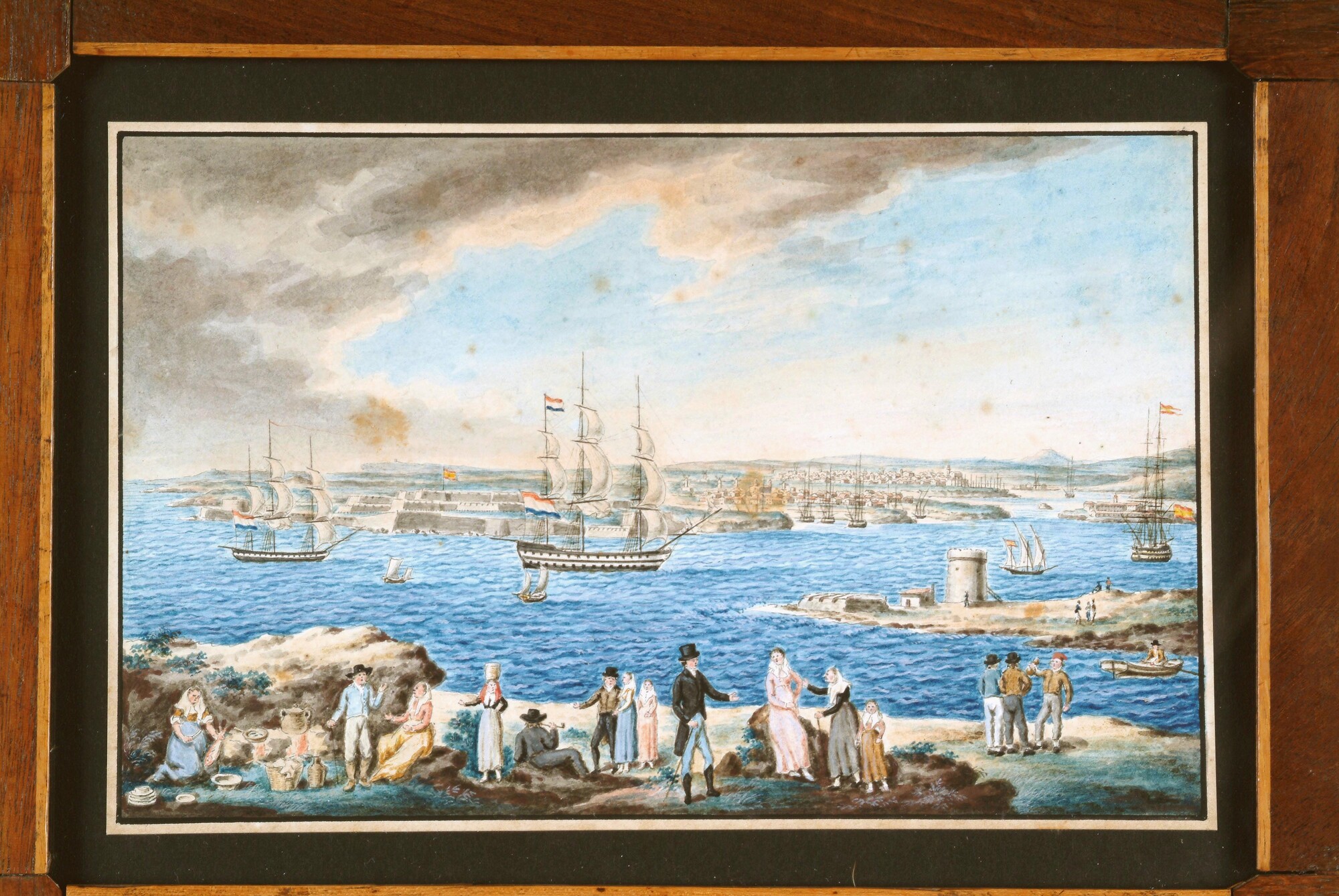 A.3289(04); Een Nederlands fregat en een korvet in de baai van Port Mahon; tekening