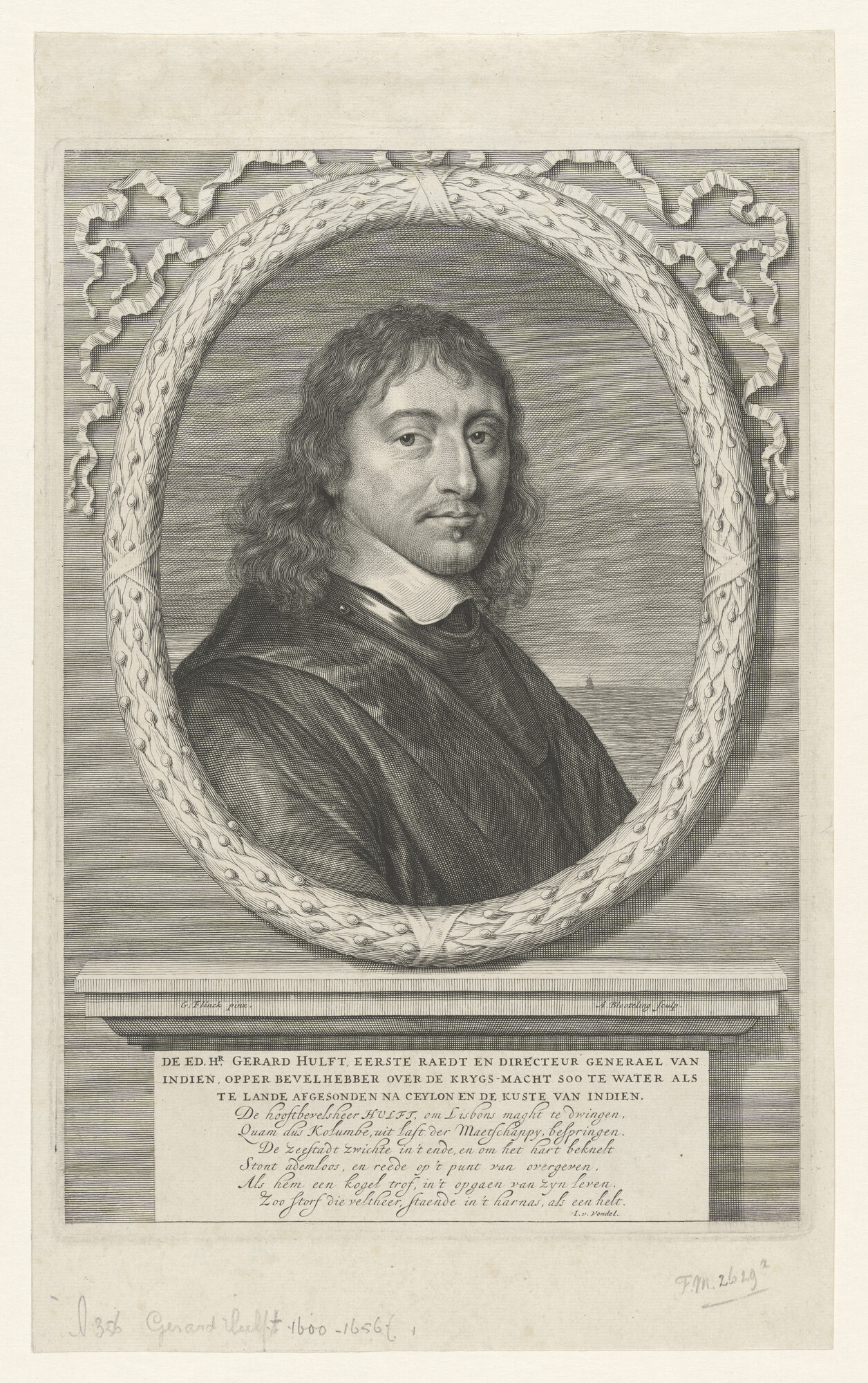 A.0356(34); Portret van Gerard Hulst (1600 - 1656), eerste raad en directeur-generaal van Indië, opperbevelhebber van de krijgsmacht naar India en Ceylon; prent