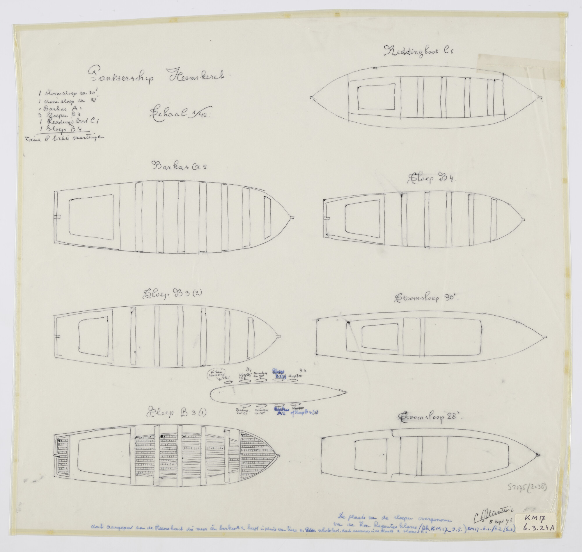 S.2175(2038); Overzichtstekening van de zes verschillende typen lichte vaartuigen van het pantserschip Hr.Ms. 'Jacob van Heemskerck'; technische tekening