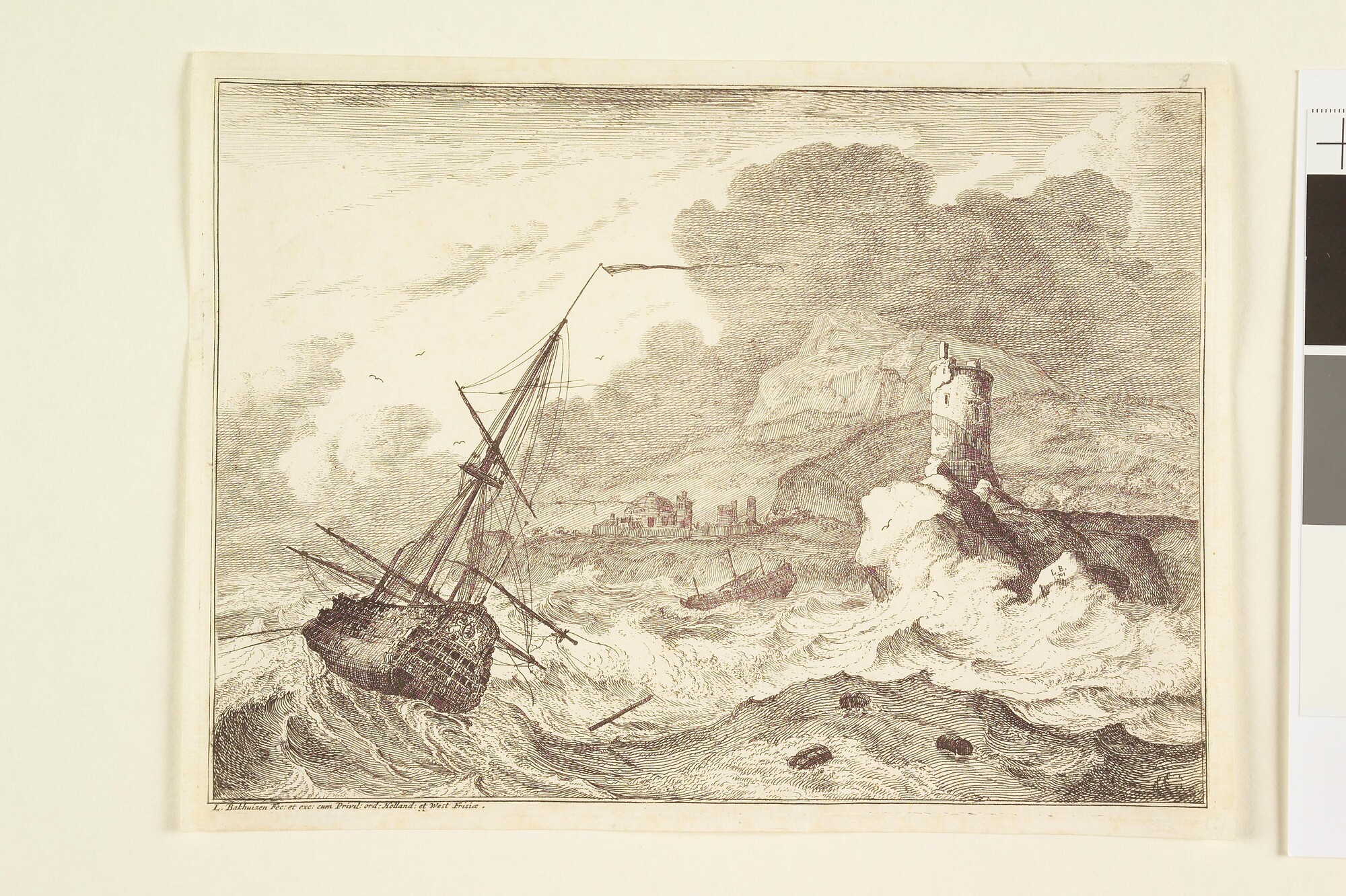 A.0149(0043); Uit de serie D'Y Stroom en Zeegezichten: Engels oorlogsschip in stormweer ten anker aan lager wal; prent