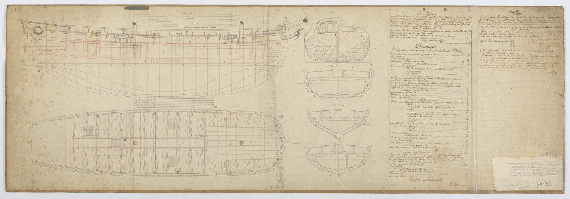 A.2470(06); Lijnen- en constructieplan van een Deense kanonneerboot van 10 stukken; technische tekening