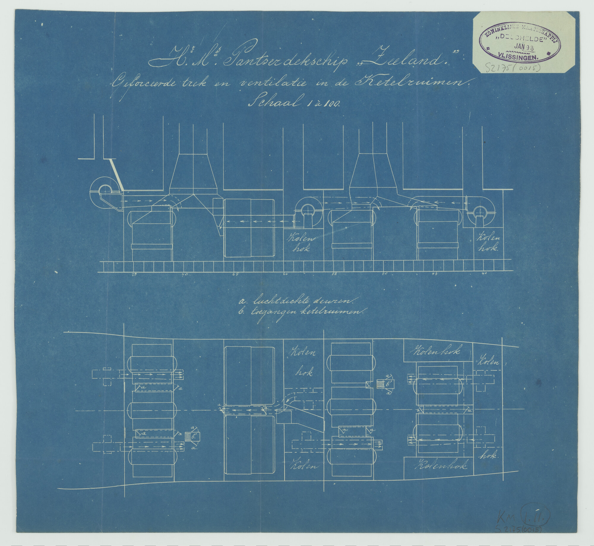 S.2175(0015); Geforceerde trek en ventilatie in de ketelruimen van het pantserdekschip Hr.Ms. Zeeland; technische tekening