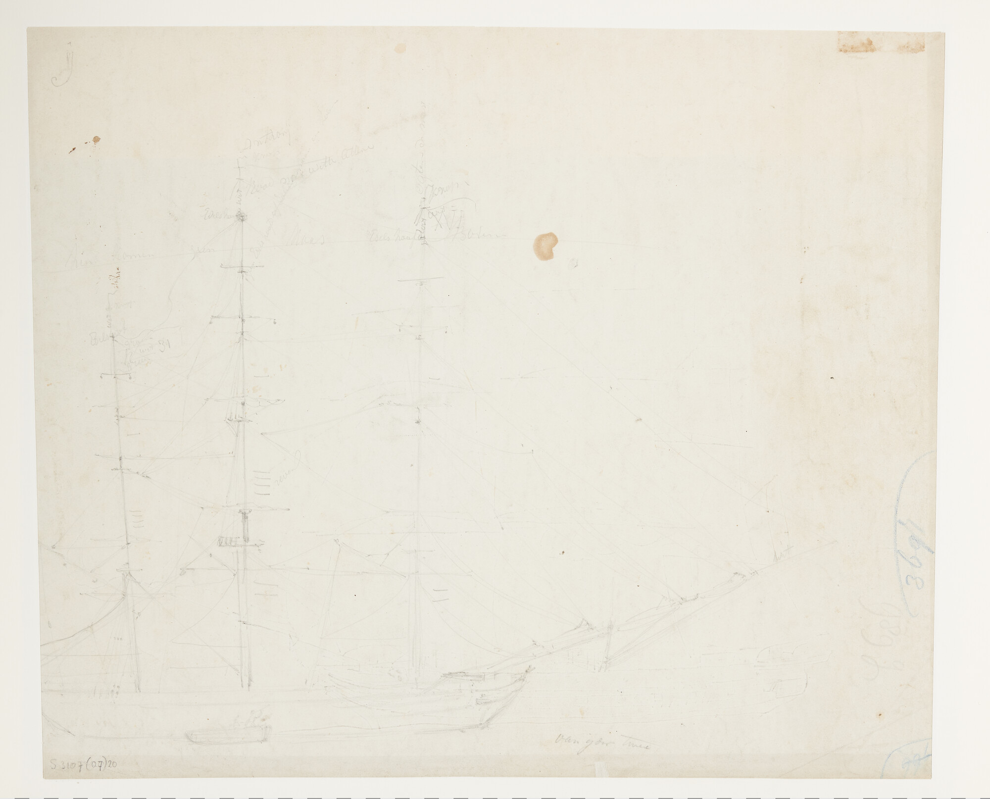 S.3107(07)020; Het fregatschip Maria van de Rotterdamse rederij Van Hoboken, kapitein Frans van den Berg, 1828; tekening
