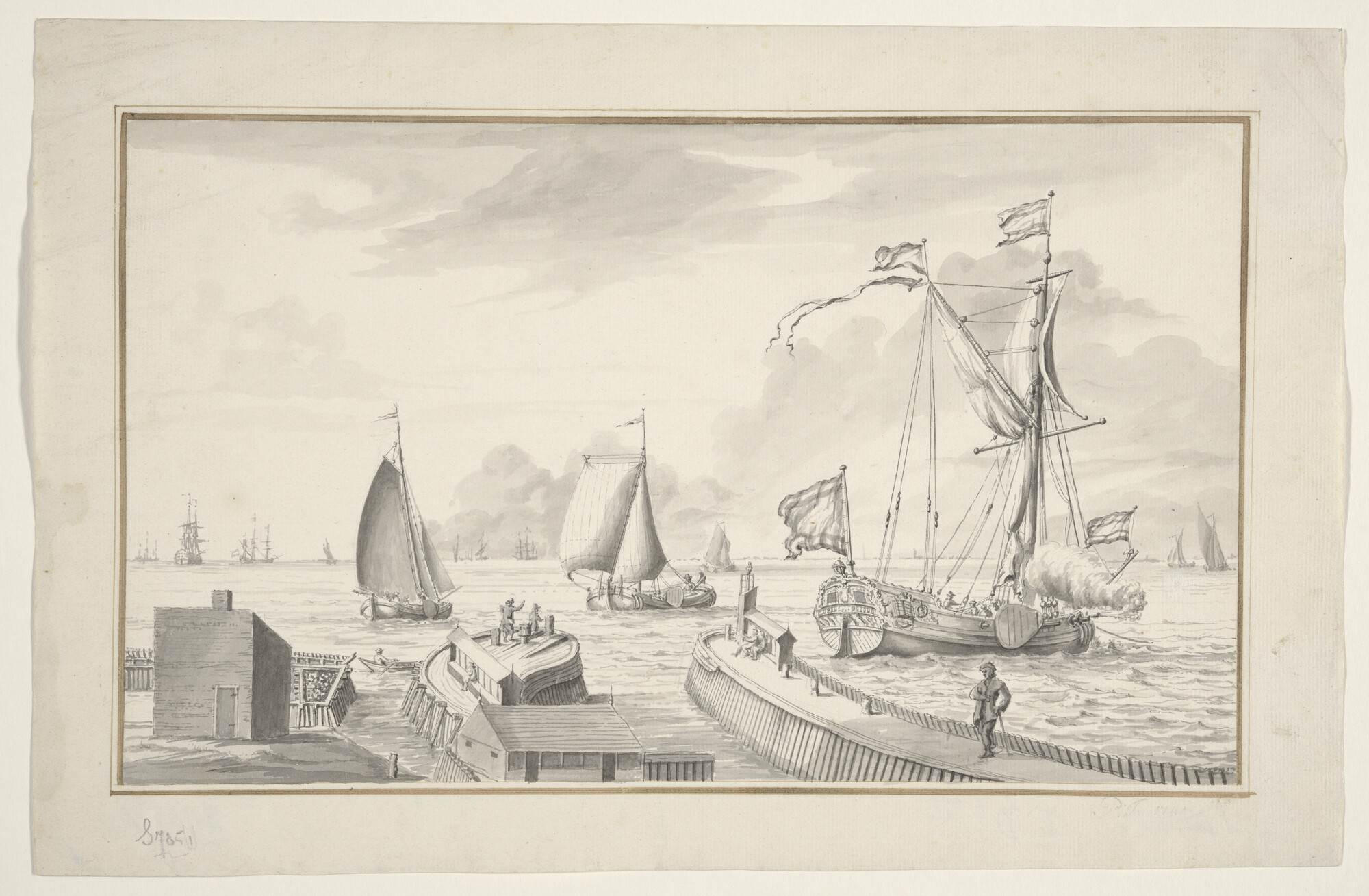 S.0785(01)1; Een havenmond met een spiegelpaviljoenjacht dat een saluutschot lost en andere schepen; tekening