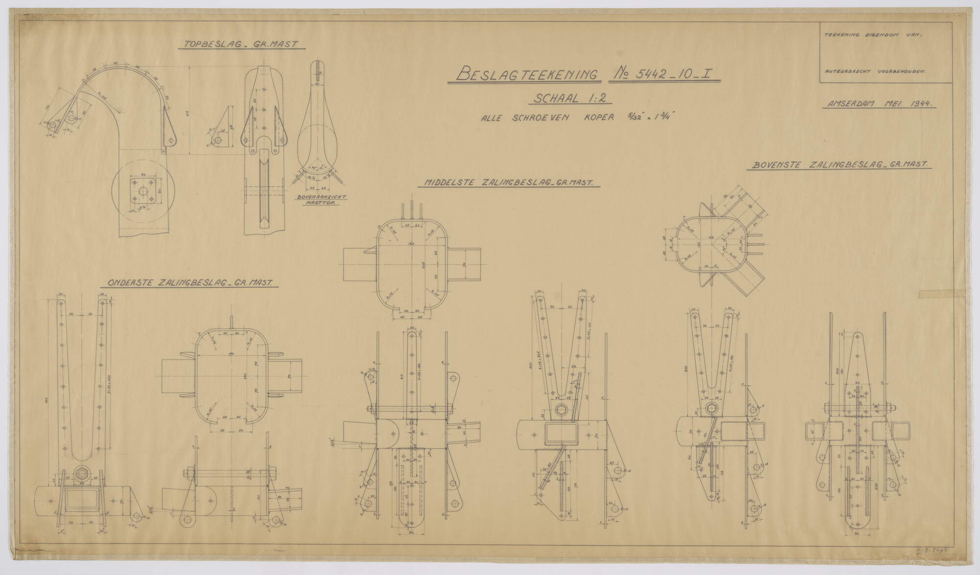 1993.3074; Beslagtekening van yawl, 13 meter; technische tekening