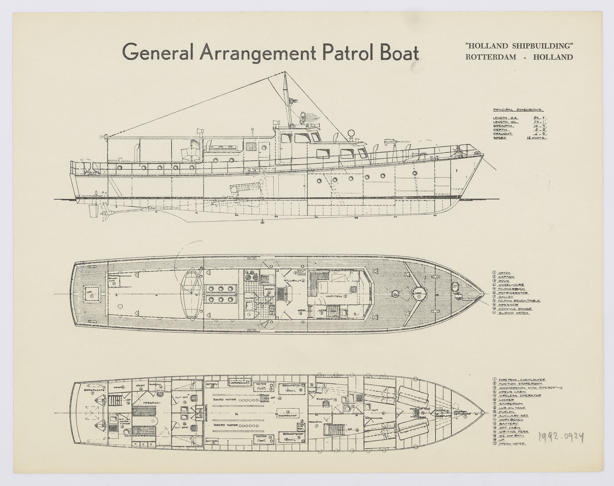 1992.0924; Algemeen plan ZZ/dekkenplan voor een motorpatrouilleboot; technische tekening