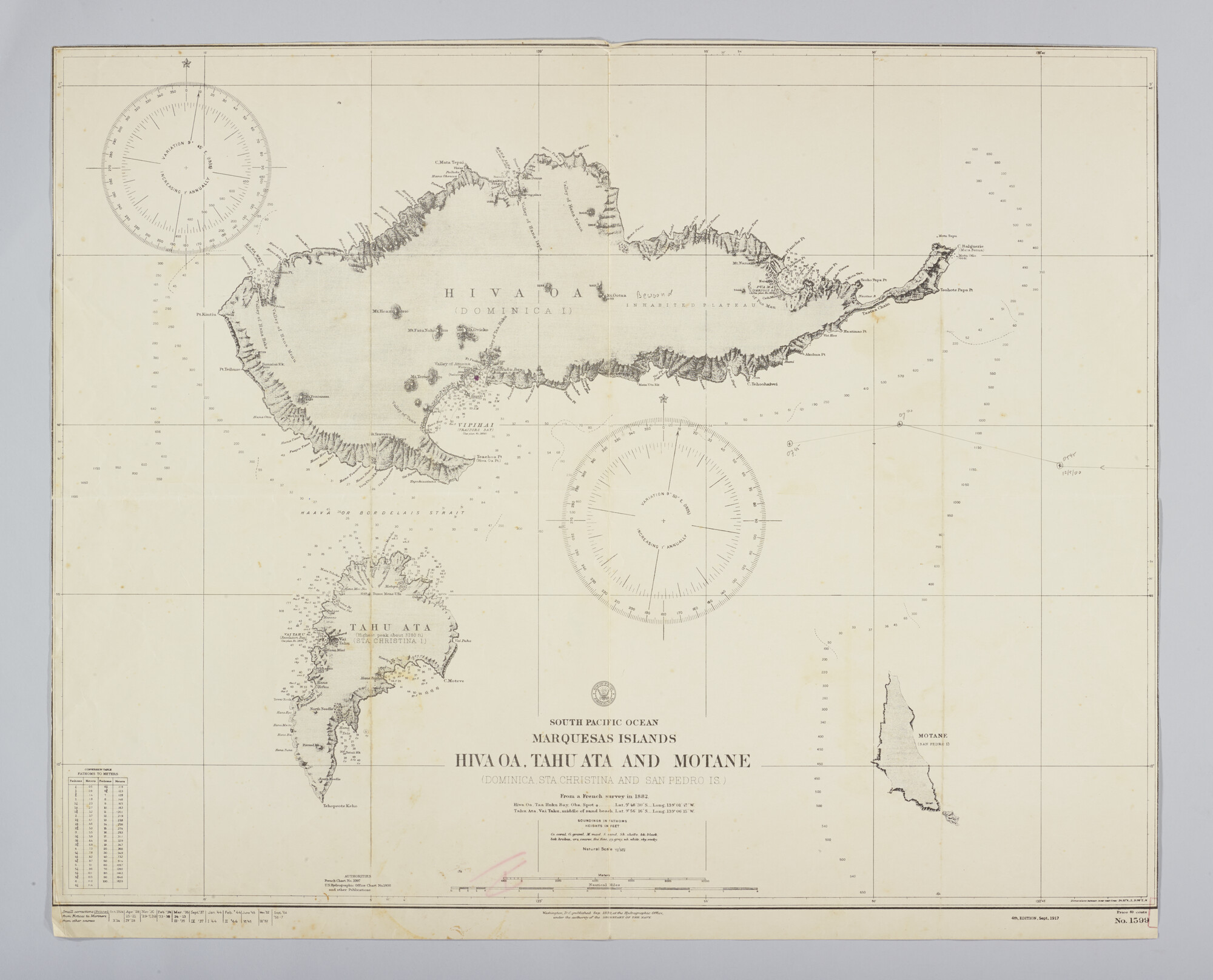 2019.1057-47; South Pacific Ocean, Marquesas Islands. Hiva Oa, Tahu Ata and Motane (Dominica, Sta. Christina and San Pedro Is.); zeekaart