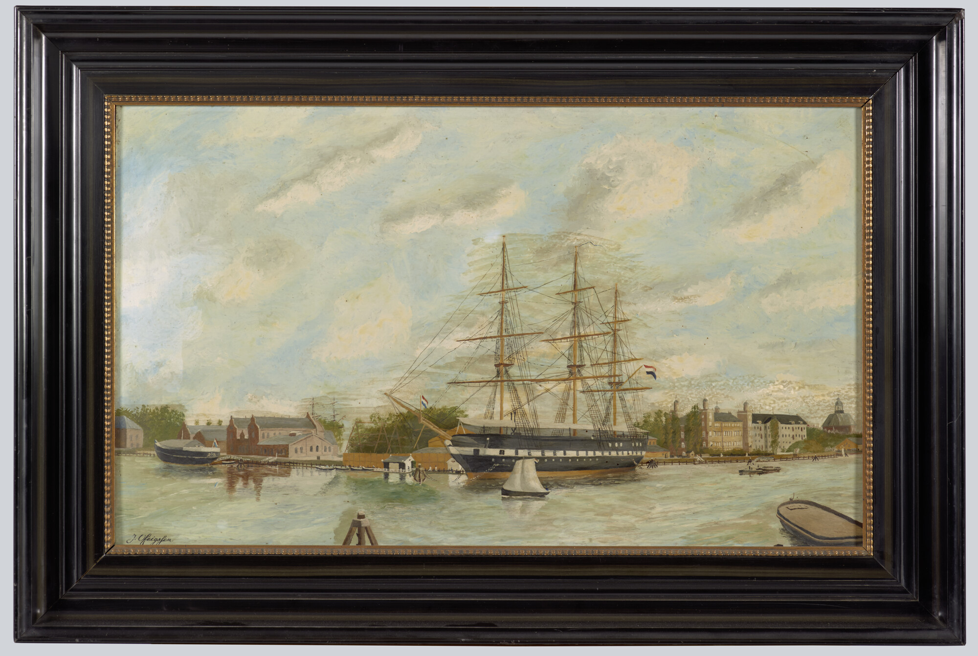 S.4973(01); Het opleidingsschip Hr.Ms. Admiraal van Wassenaar als wachtschip in het Oosterdok te Amsterdam; schilderij