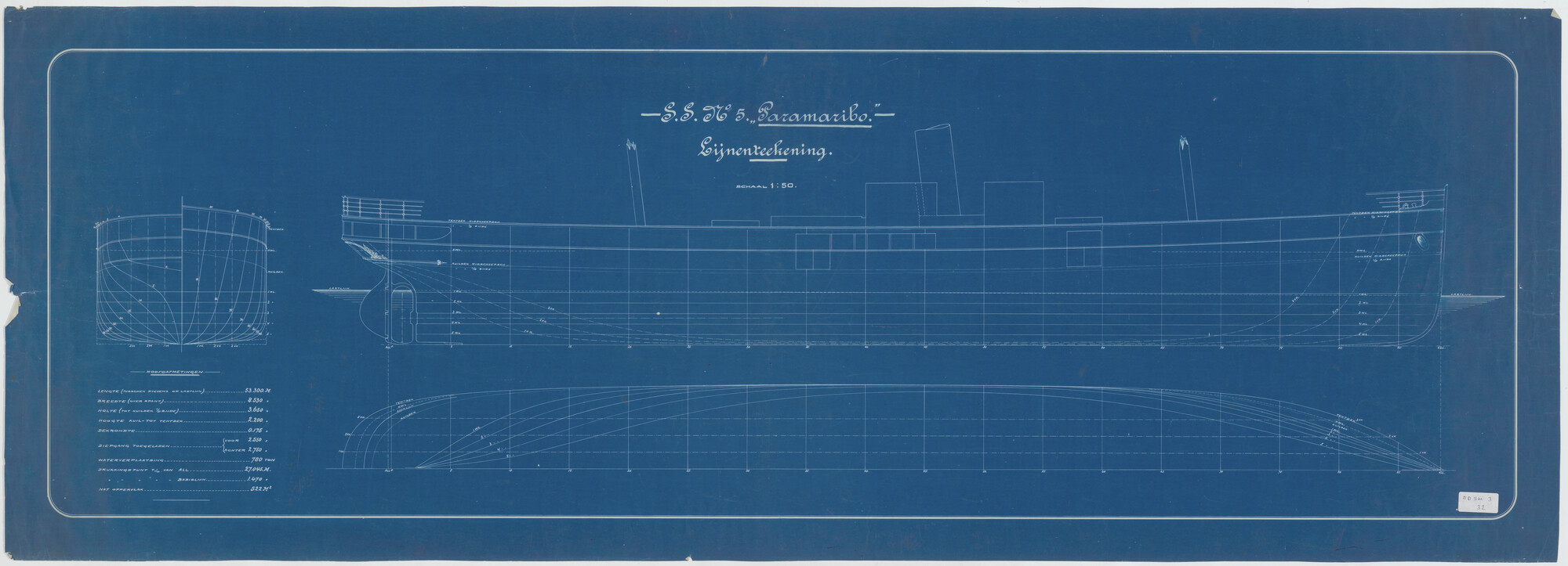 S.5444(003.02); Lijnentekening van vracht- en passagiersschip ss. Paramaribo voor het [...]; technische tekening