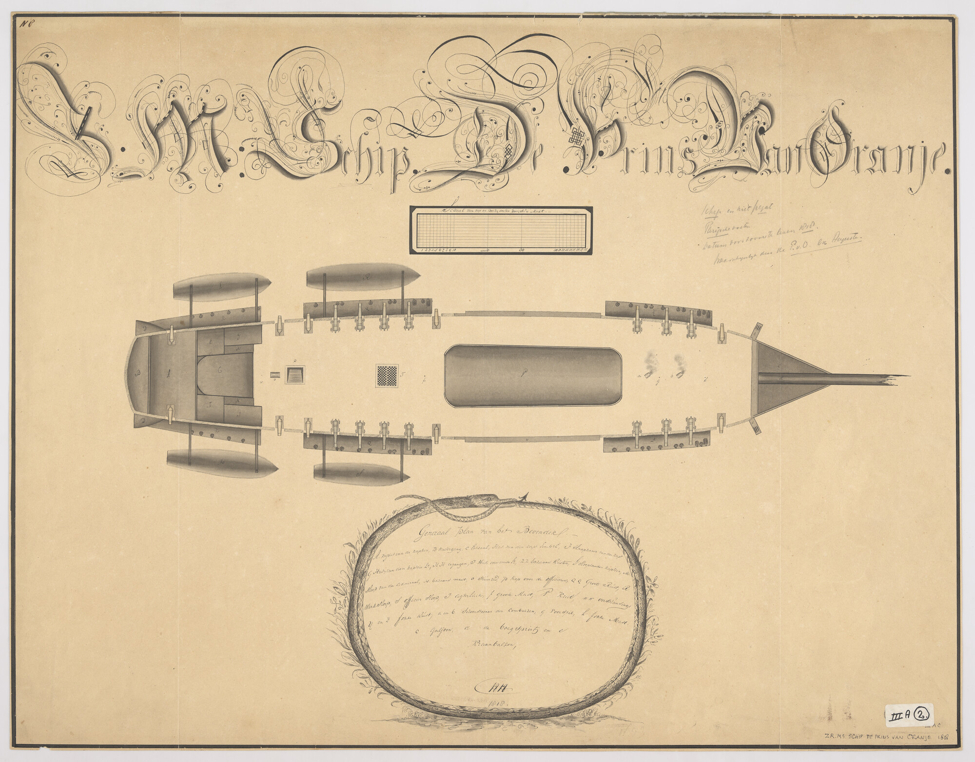 A.0149(0941); Bovenaanzicht van het oorlogsschip 'Prins van Oranje' van 80 stukken; technische tekening