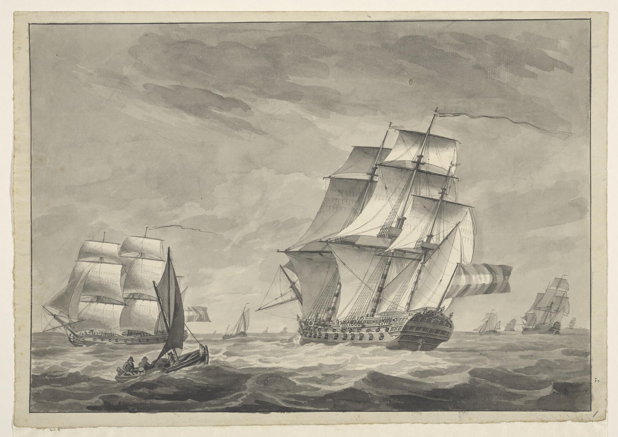 S.1119(09); Nederlandse oorlogsschepen in open water; tekening