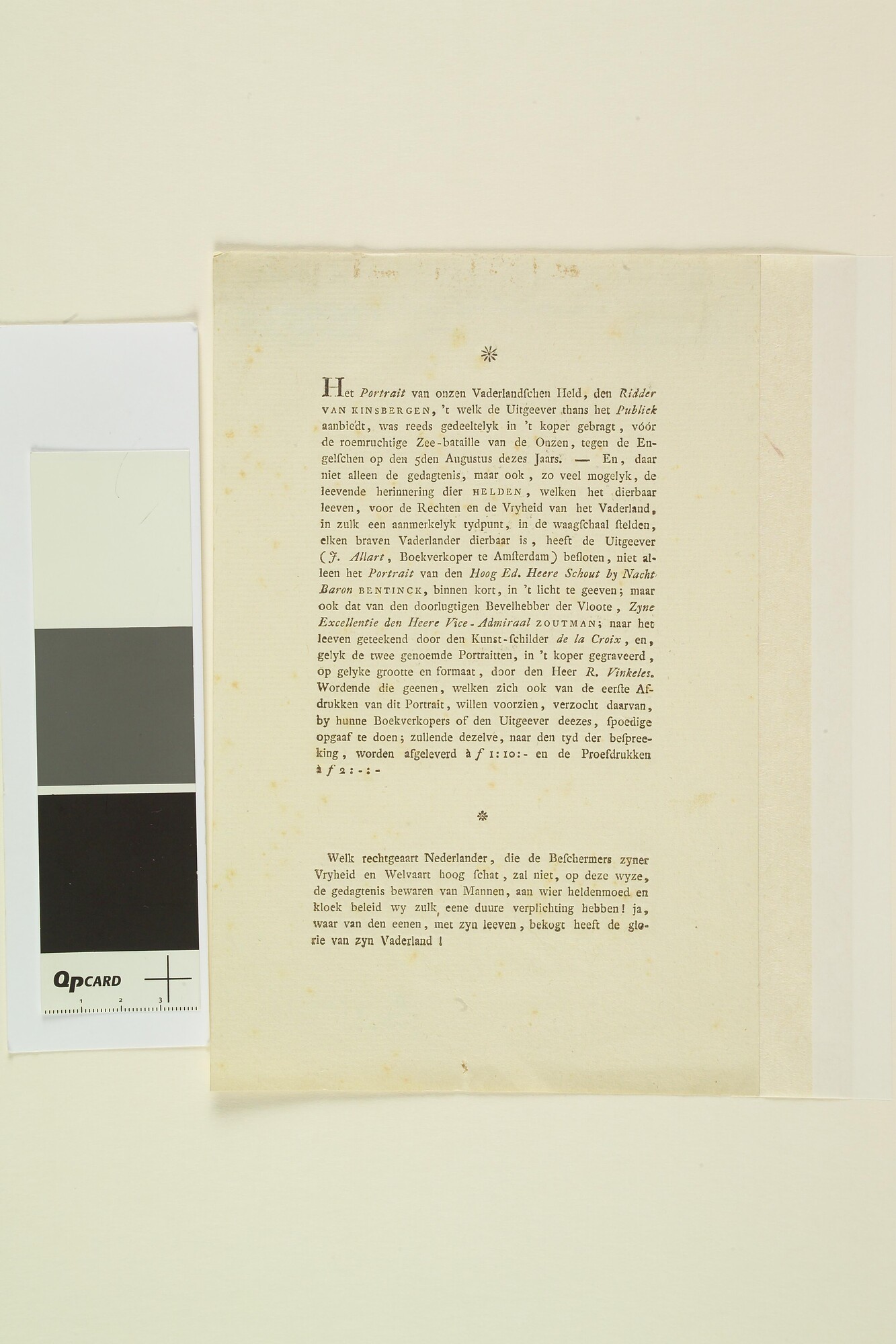 A.0145(179) [nr 0038]; Tekst behorende bij het portret van J.H. Van Kinsbergen; prent