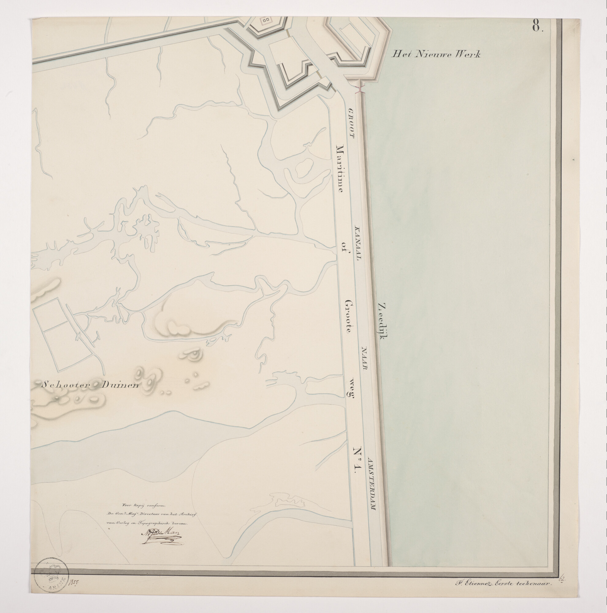 B.0216(0284); Gekleurde kaart in handschrift in 8 bladen van Den Helder, omliggende forten en Willemsoord, met één verzamelblad, In originele met gouden letters bedrukte map; landkaart