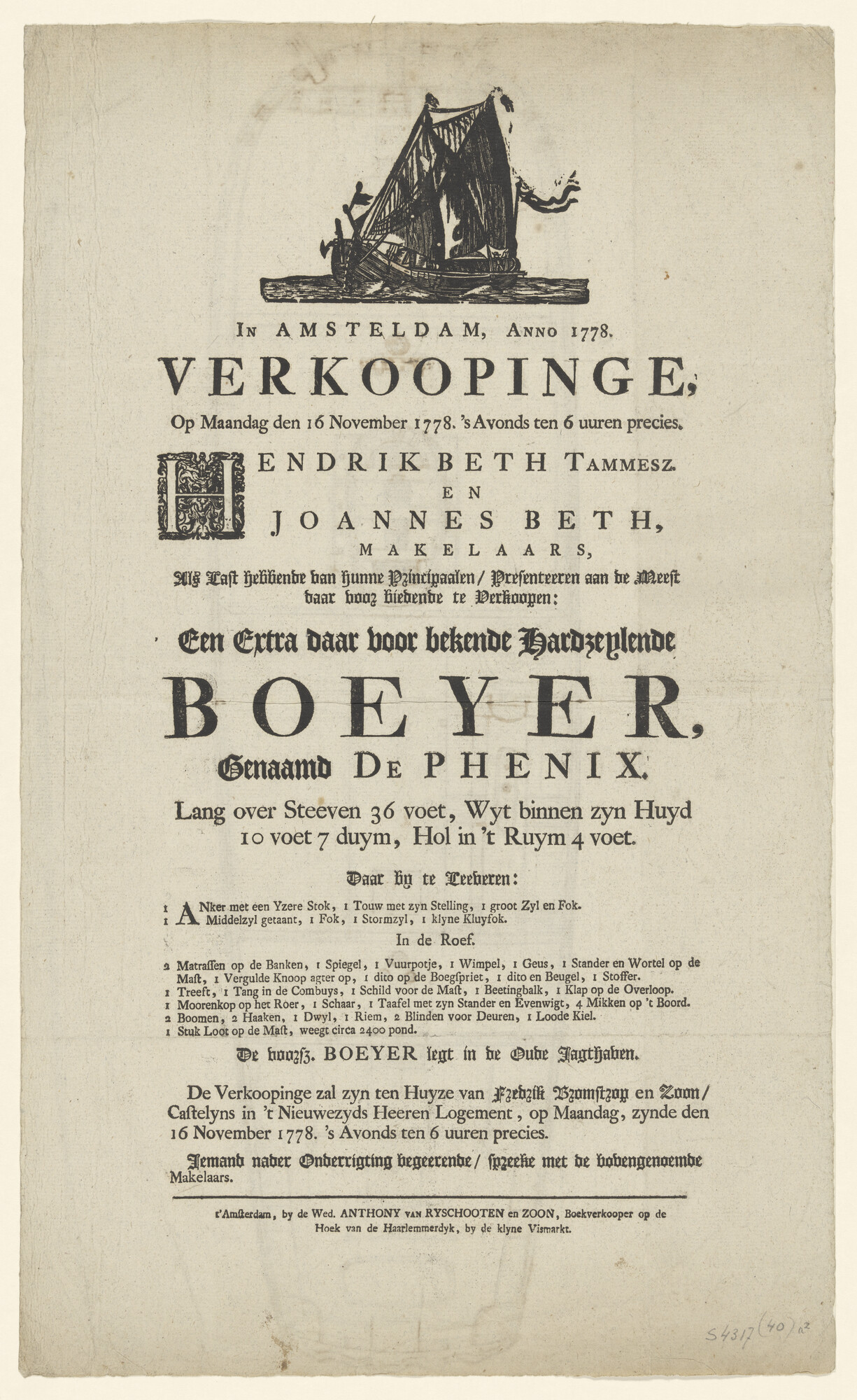 S.4317(40); Verkoopbiljet van een Boeier; affiche