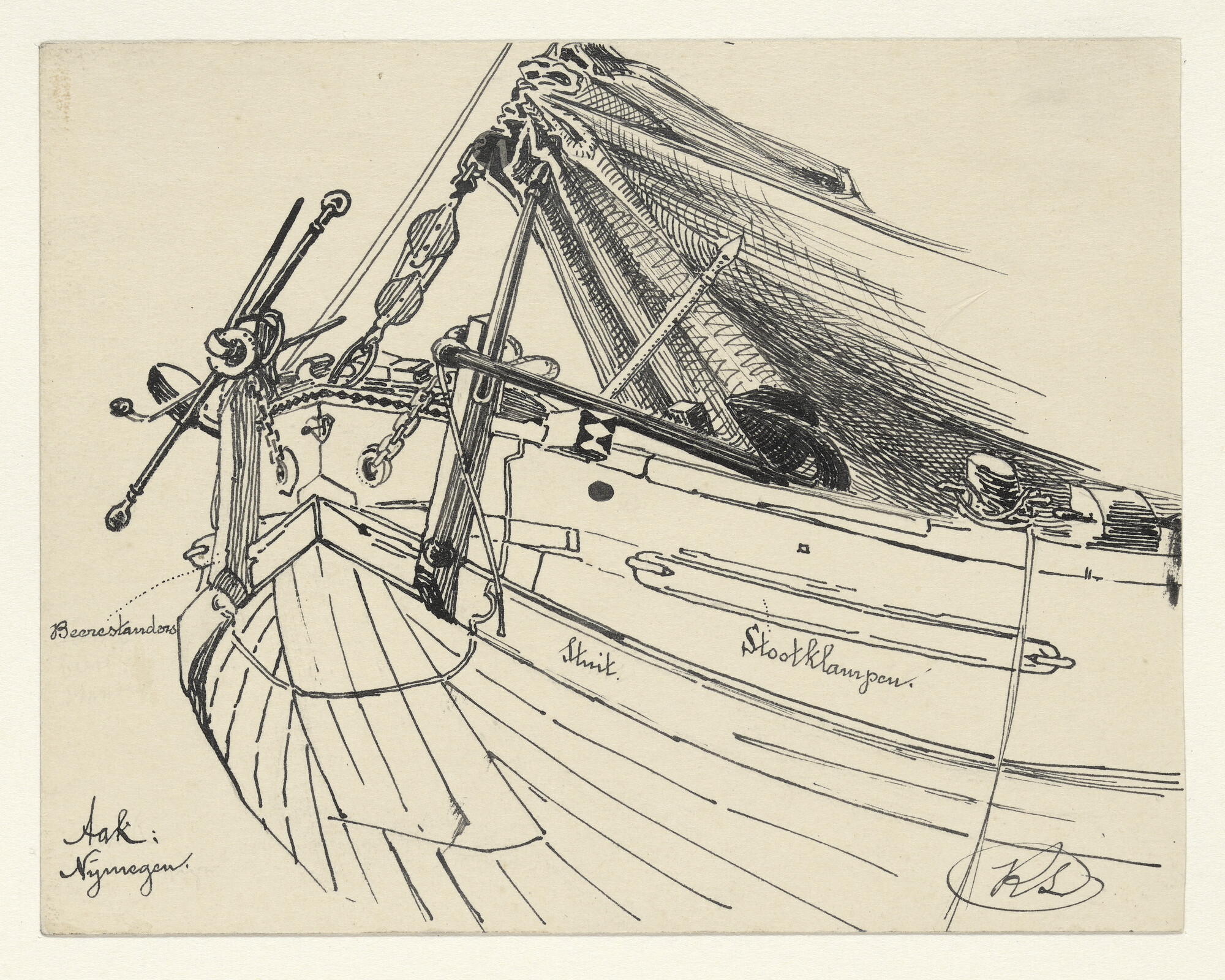 A.0038(02); Het voorschip van een rijnaak; tekening