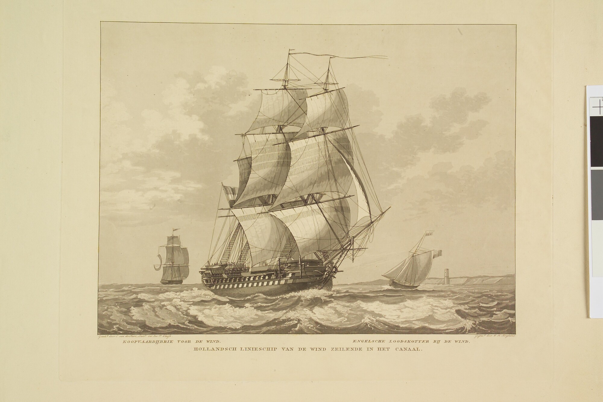 A.0149(0702); Een Hollands linieschip in het Kanaal; prent