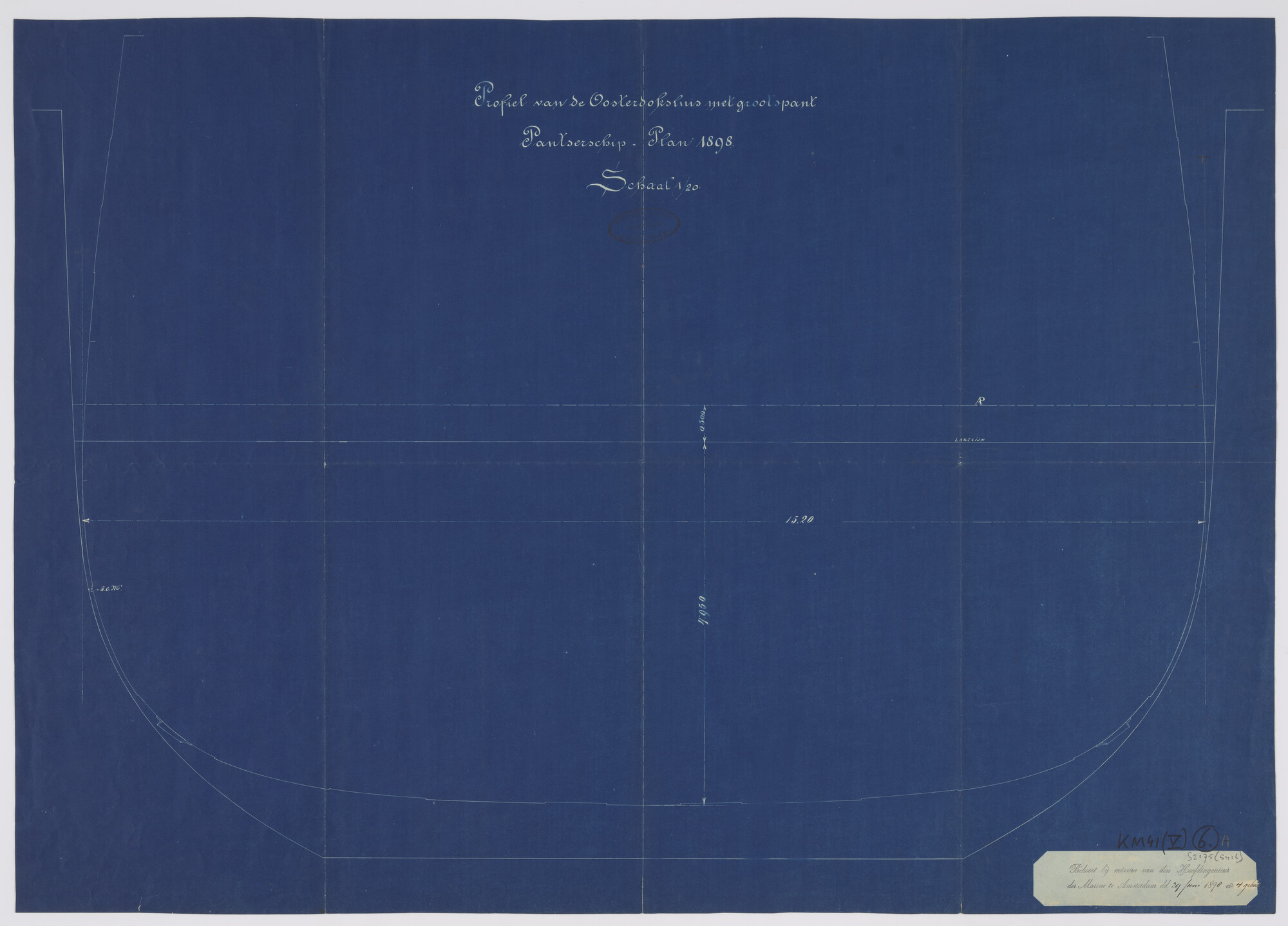 S.2175(5416); Dwarsdoorsnede van het grootspant pantserschip plan 1898 door de Oosterdoksluis te Amsterdam; technische tekening