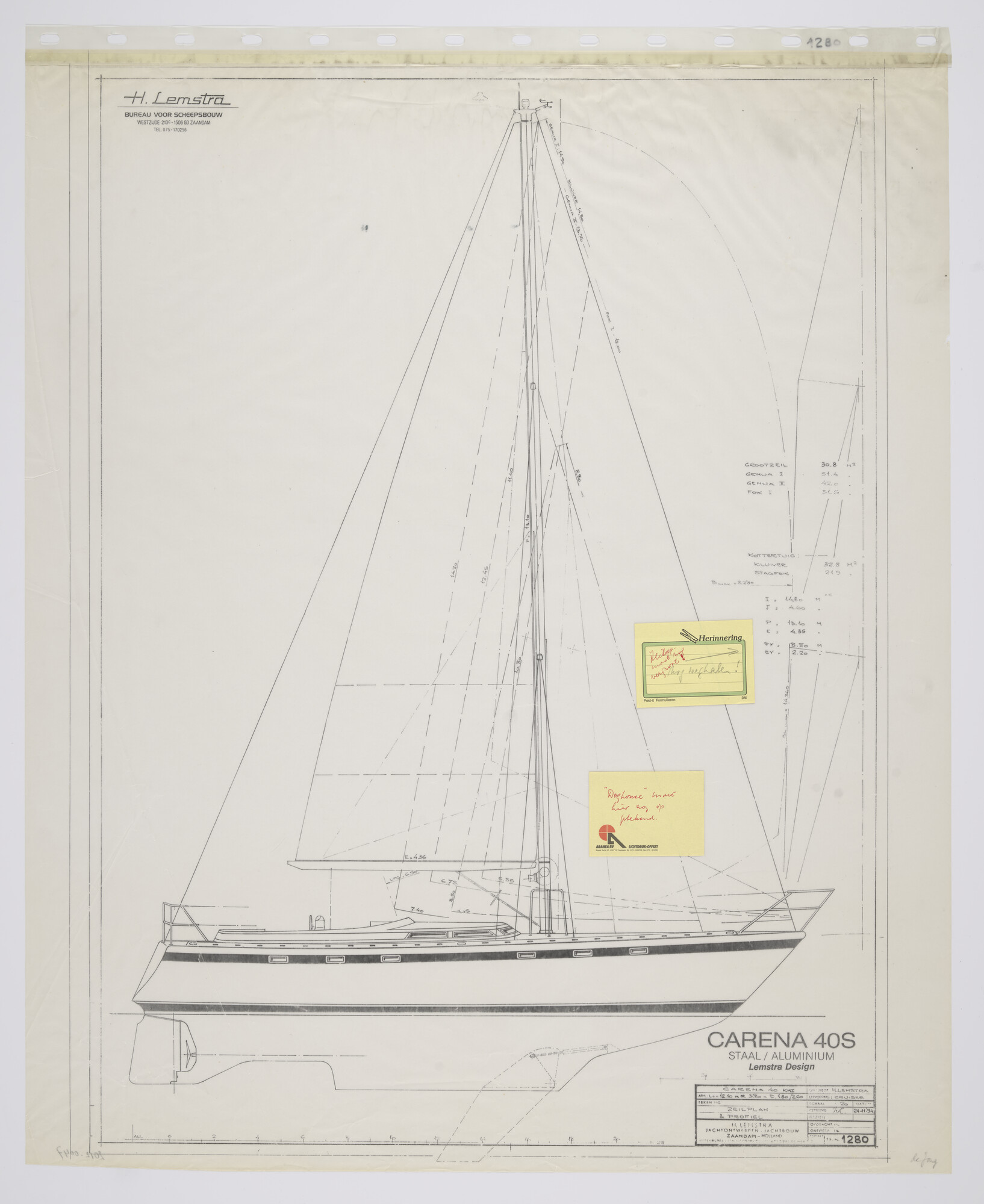 2012.0047; Zijaanzicht met zeilplan van een Carena 40'-S van 12.10 meter kiel-midzwaard; technische tekening