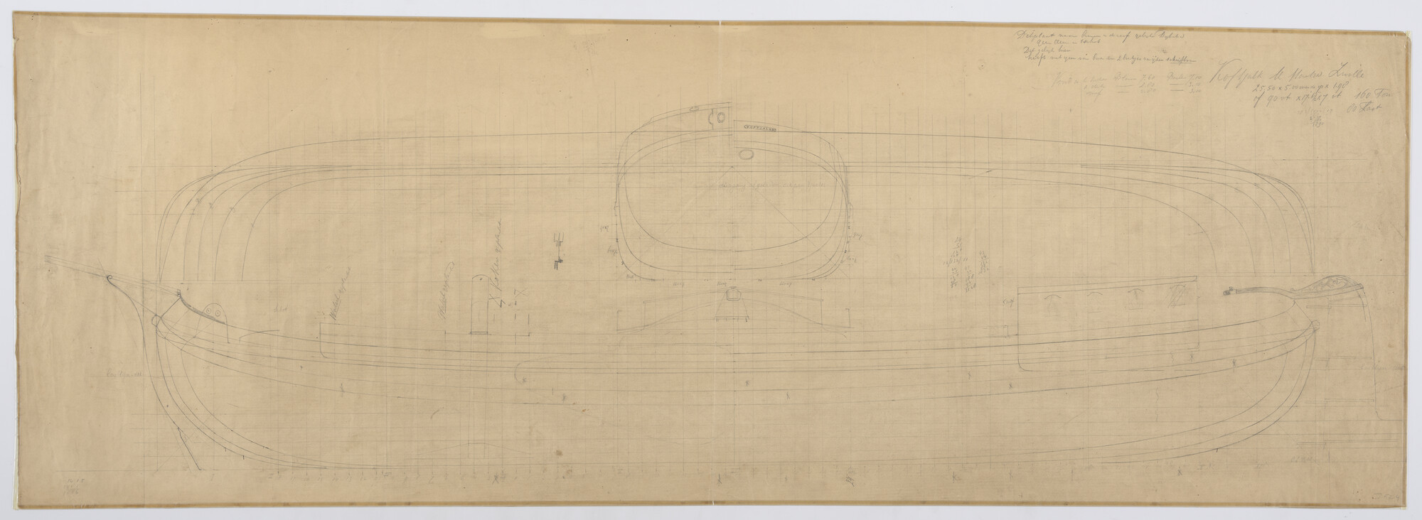 2016.0247; Zijaanzicht en lijnenplan van een koftjalk (met roef) Lang 90 voet; technische tekening