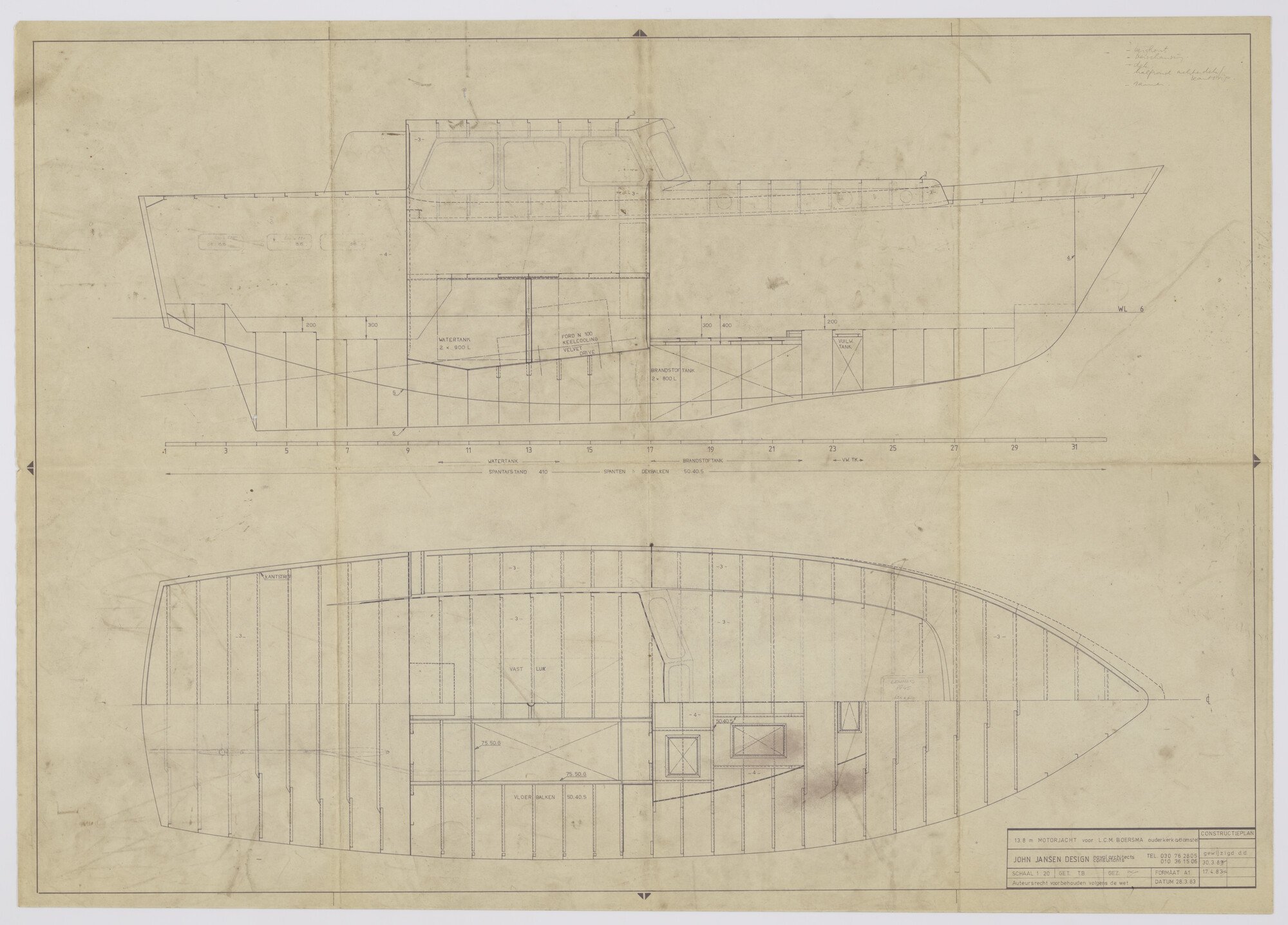 2010.1030; Constructieplan Motorjacht van 13.82 meter; technische tekening