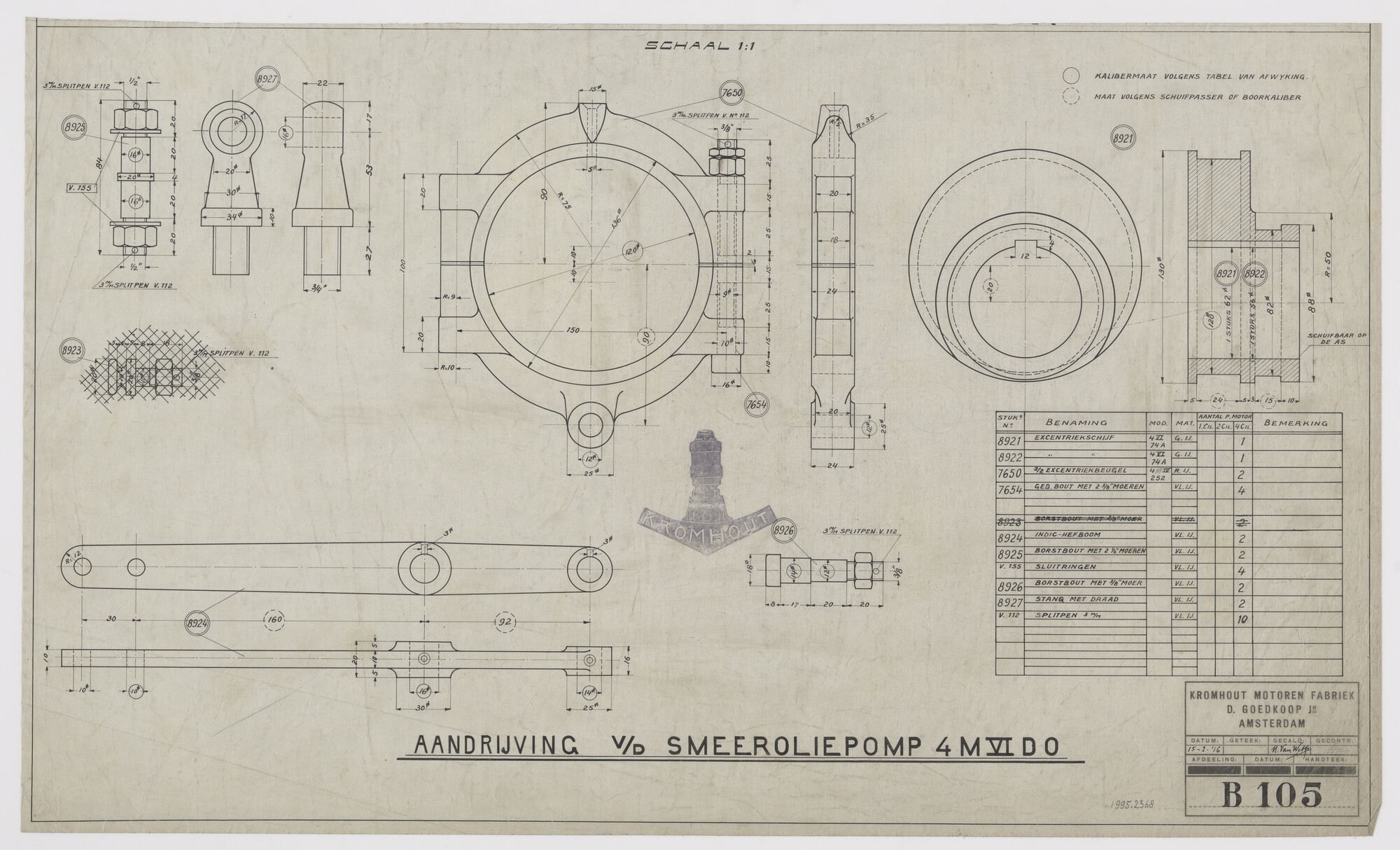 1995.2368; Aandrijving van de smeeroliepomp van Kromhoutmotor 4M6DO; technische tekening