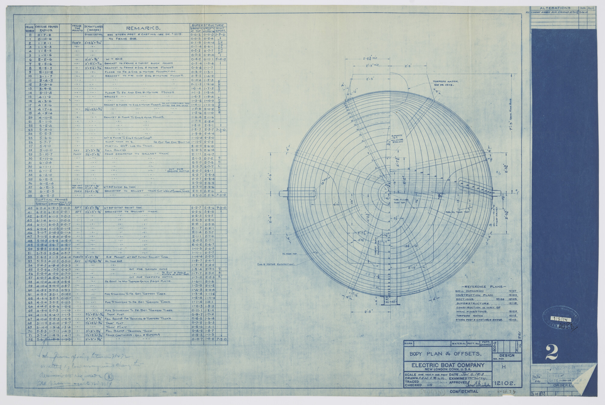 S.2175(3761); Spantenraam aan boord van de onderzeeboot Hr.Ms. 'O 6'; technische tekening