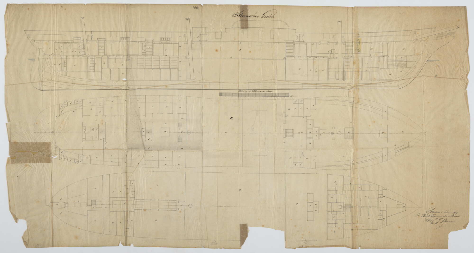 S.1757(02); Inrichtingsplan van het raderstoomschip Zr.Ms. 'Gedeh'; technische tekening