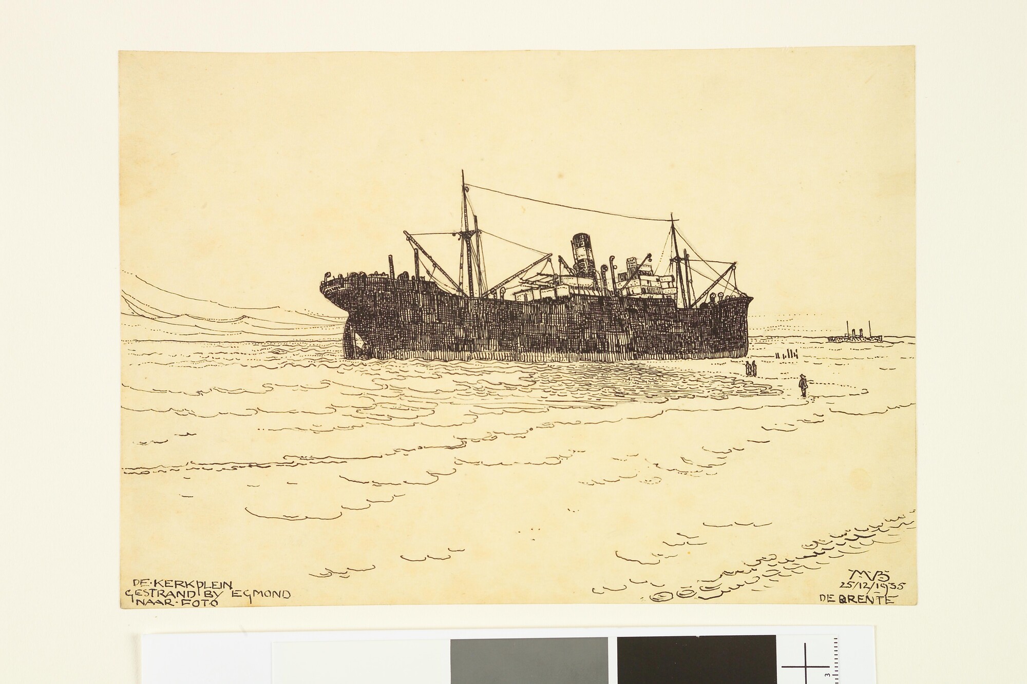 S.4364(15); Het ss. 'Kerkplein' op het strand bij Egmond, naar een foto; tekening