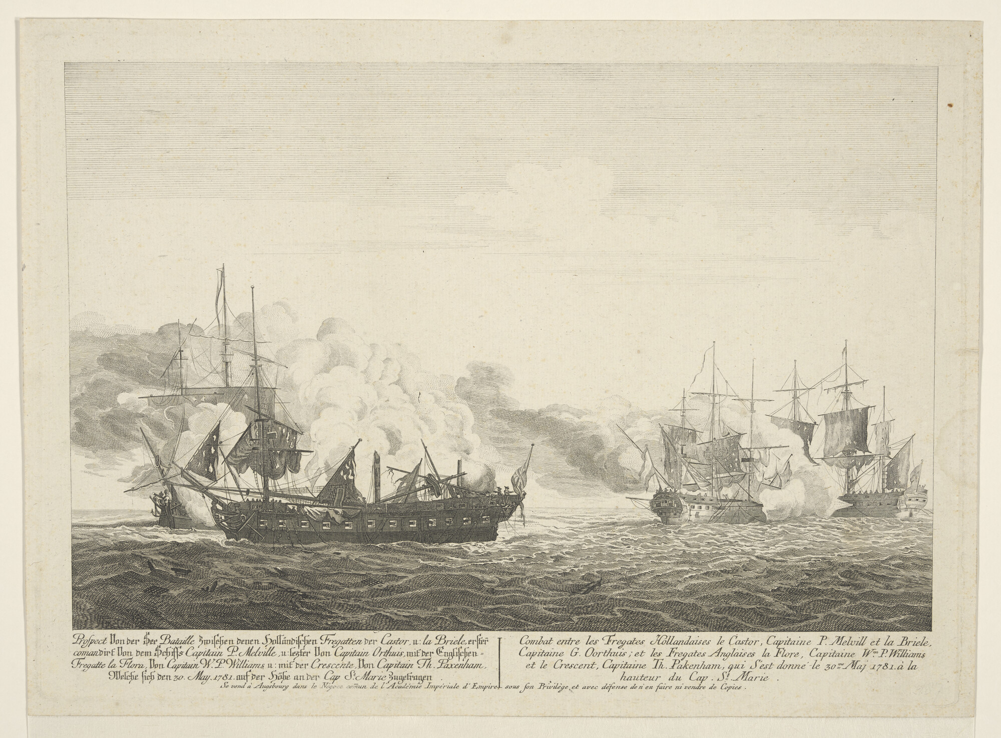 A.2275(02); Zeegevecht tussen de Hollandse fregatten 'Castor' en 'Briel' onder commando; prent