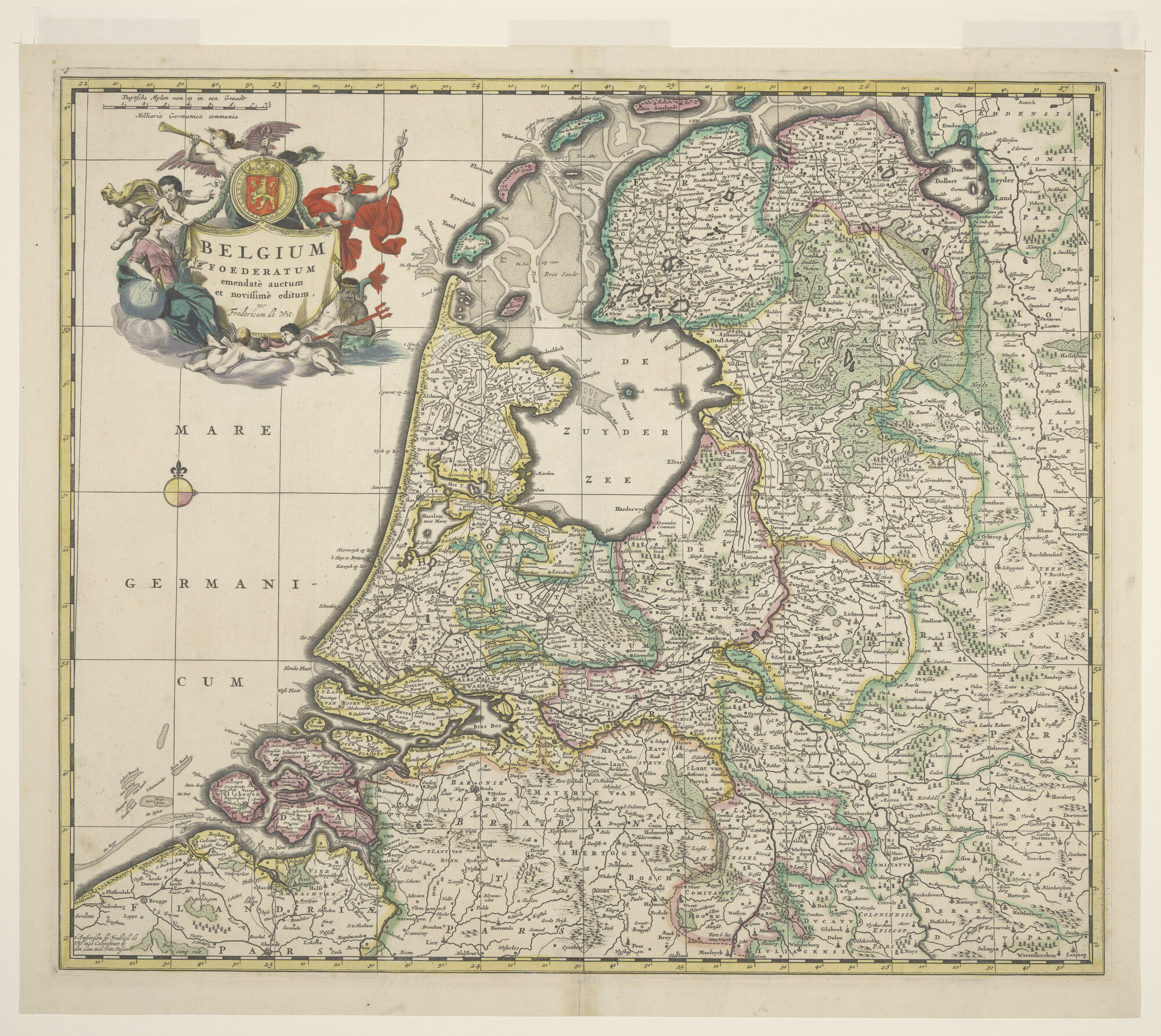 A.3845(01)020; Met de hand gekleurde kaart van de noordelijke Nederlanden door Frederik de Wit (1610-1698); landkaart