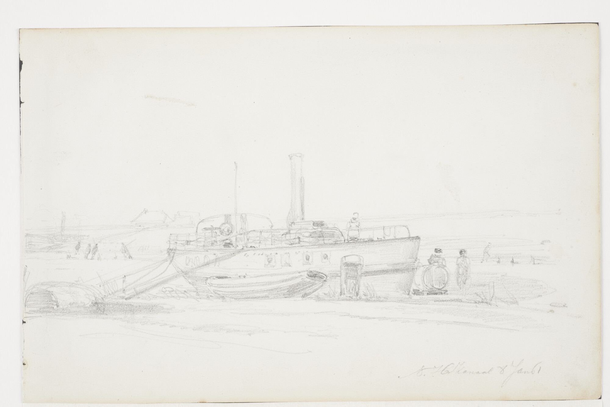 S.1892(01)11; Een stoombootje afgemeerd in het Noordhollands Kanaal; tekening