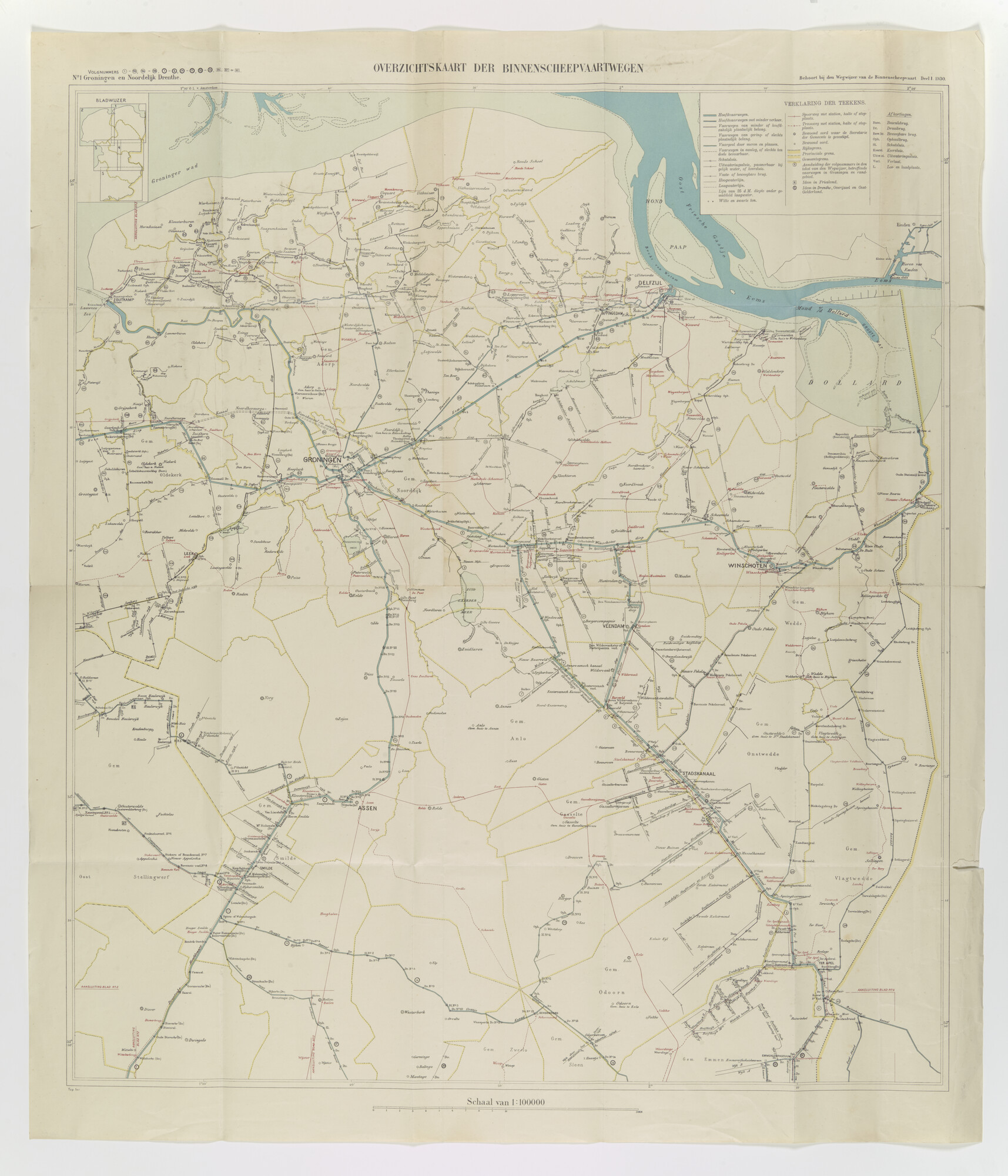 2015.4465; Overzichtskaart der binnenscheepvaartwegen. No. 1 Groningen en Noordelijk Drenthe; kaart