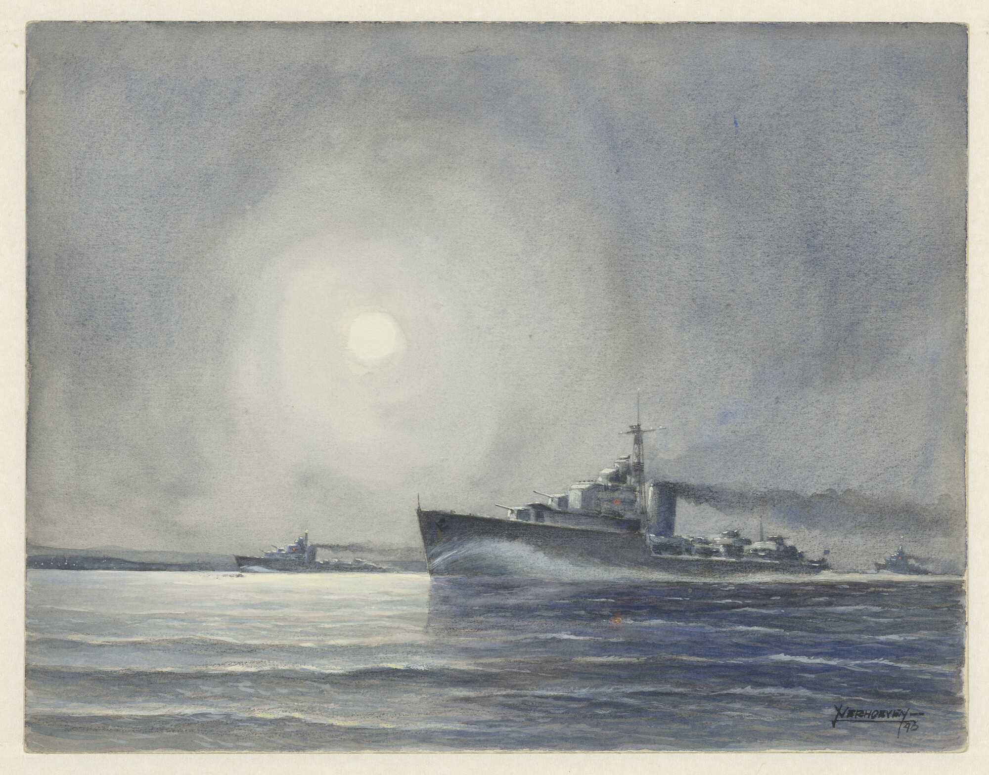 S.7217(05); Drie torpedojagers [Engels type] op patrouille in de nacht; tekening