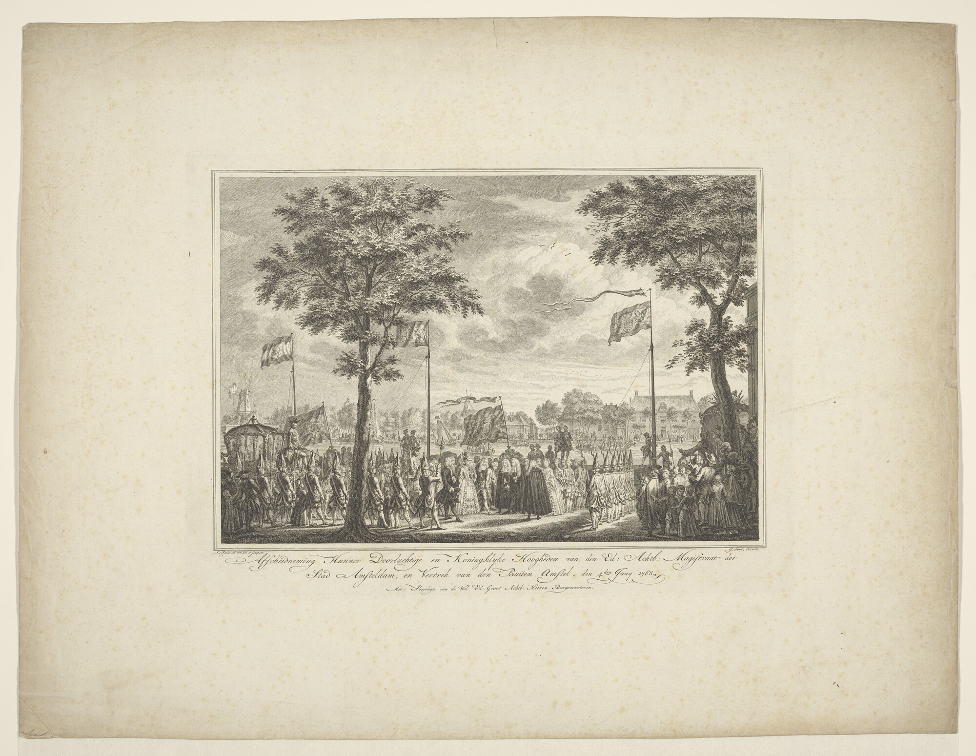 A.0149(0750); Vertrek van prins Willem V en zijn gemalin Frederica Sophia  uit Amsterdam,1768; prent